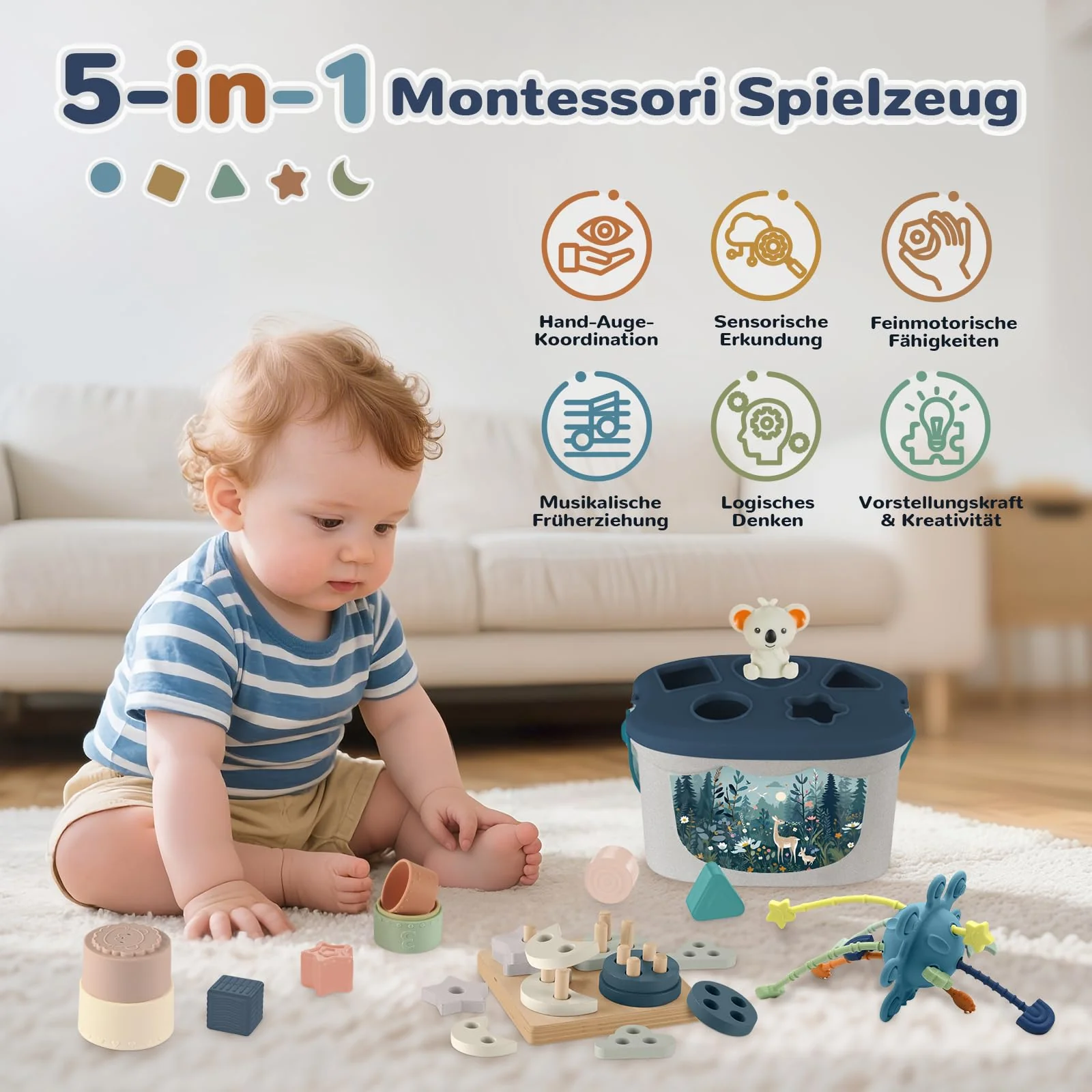 Almaxi Baby Spielzeug ab 6 Monate,5 in 1 Montessori Spielzeug Baby,Motorikspielzeug mit Formensortier- und Stapelspielzeug,Xylophon,Silikon Zugschnur Spielzeug,Stapelbecher,Geschenk Junge Mädchen - Image 8