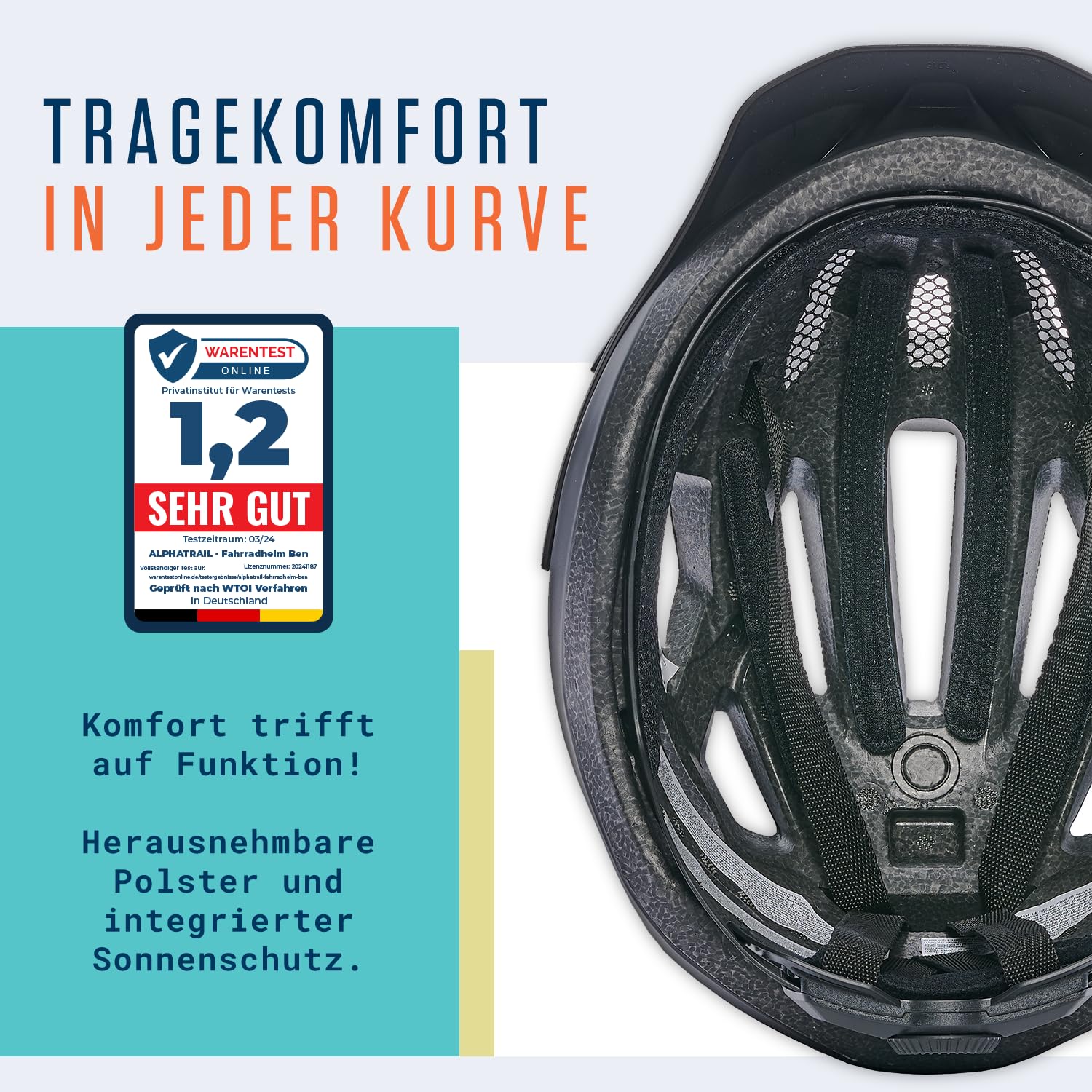 Alphatrail Fahrradhelm Ben - Sicher, Komfortabel & Leicht - Größe 55-61cm Schwarz - Allround, MTB, Trekking, City & E-Bike - Atmungsaktiver Fahrrad Helm Damen & Herren mit Insektenschutz, Kinnpolster - Image 8