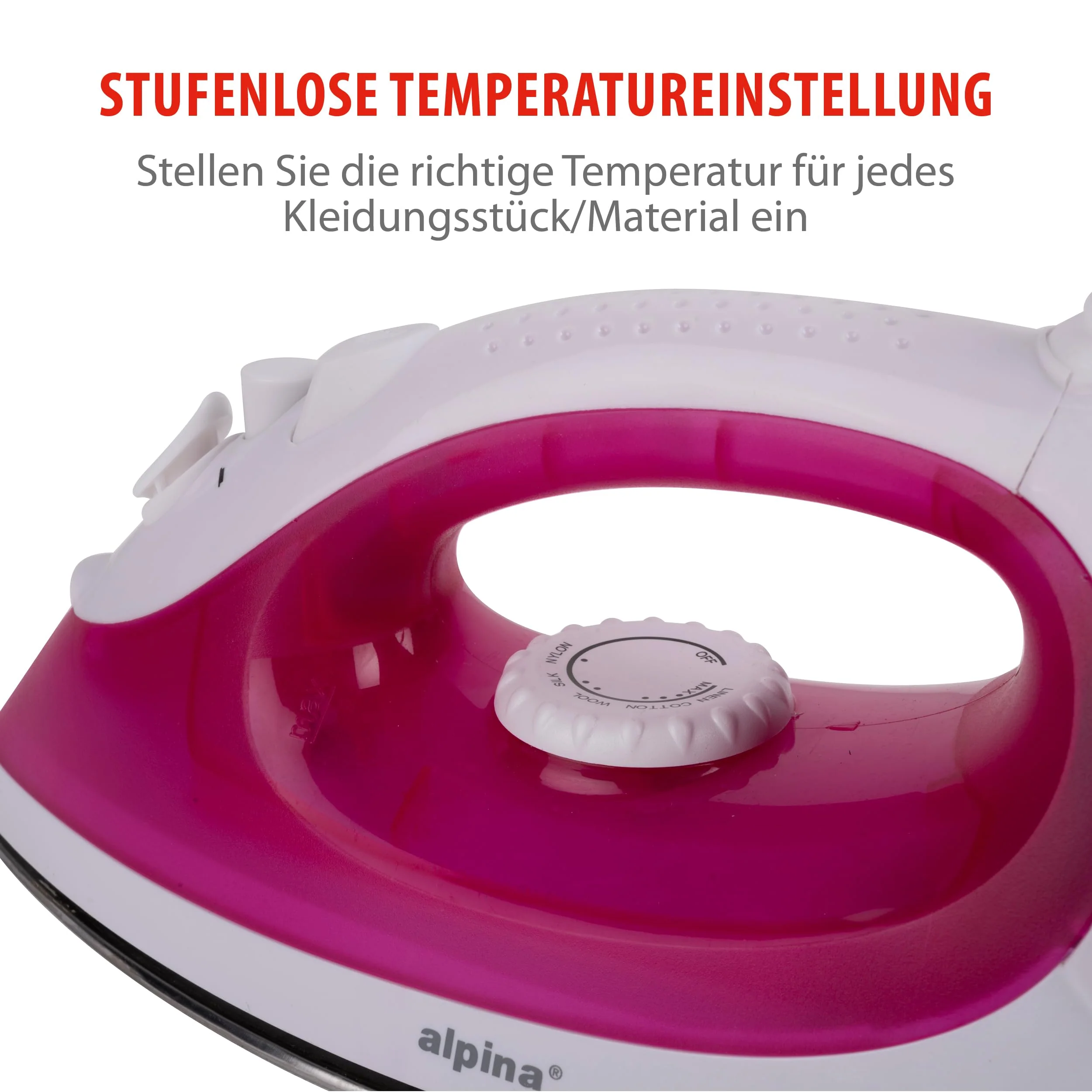 alpina Dampfbügeleisen - Dampfglätter 2000W - Bügeleisen mit Dampf- und Wassersprühfunktion - Einstellbare Temperatur und Wassertank 120ml - Edelstahlsohle - Rosa/Weiß - Image 6