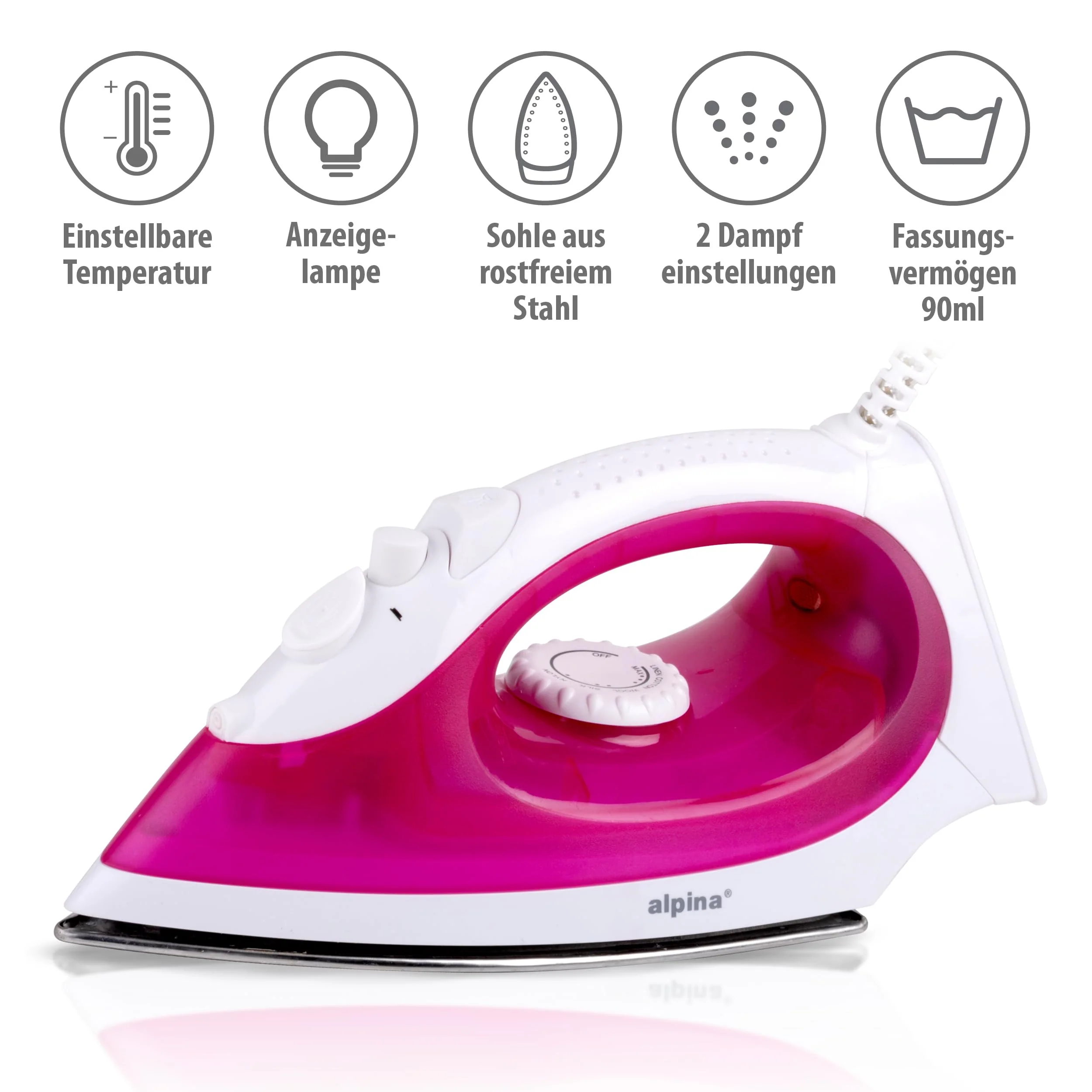 alpina Dampfbügeleisen - Dampfglätter 2000W - Bügeleisen mit Dampf- und Wassersprühfunktion - Einstellbare Temperatur und Wassertank 120ml - Edelstahlsohle - Rosa/Weiß - Image 8