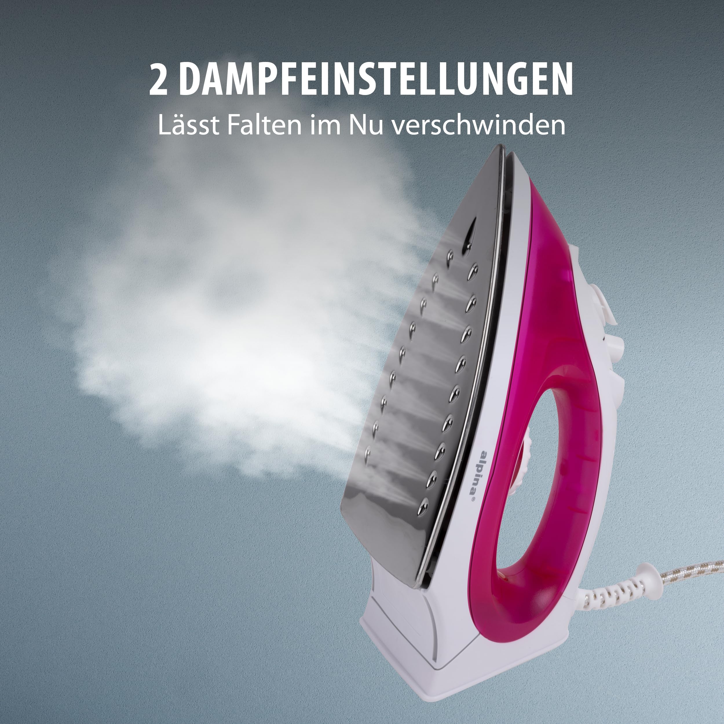 alpina Dampfbügeleisen - Dampfglätter 2000W - Bügeleisen mit Dampf- und Wassersprühfunktion - Einstellbare Temperatur und Wassertank 120ml - Edelstahlsohle - Rosa/Weiß - Image 9