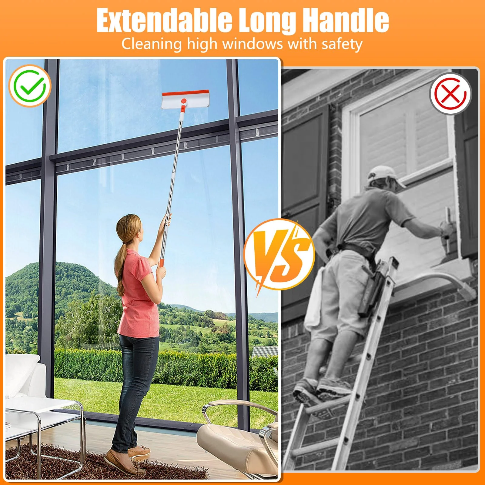 Alyvisun Fensterputzer Teleskop, Professioneller Fensterwischer mit Verlängerungsstange [132cm], 2 in 1 Fensterputzer Set mit Silikonabzieher & 4 Mikrofaserschrubber für Hohe Fenster - Image 4