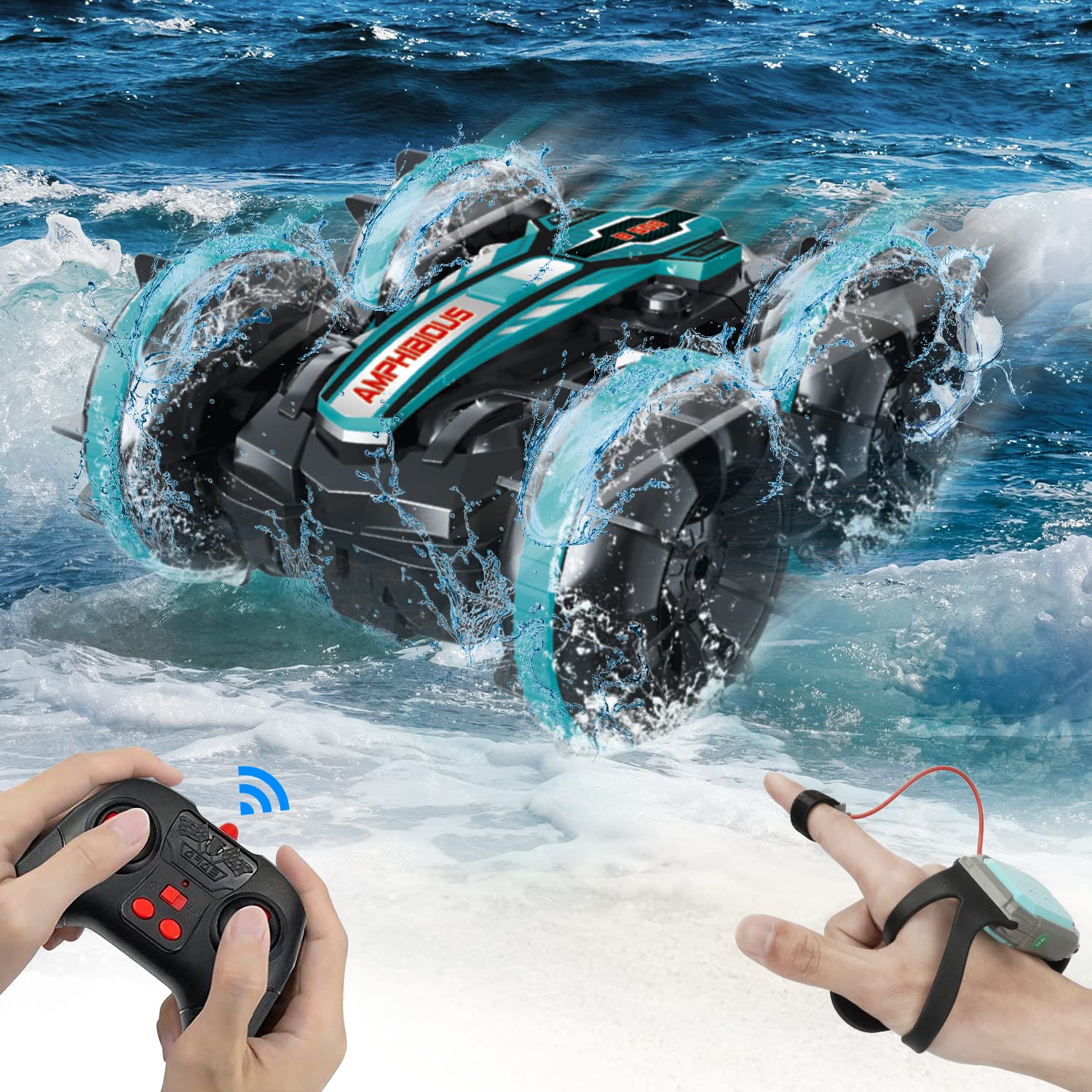 AmazeFun Amphibisches Ferngesteuertes Auto, Gestensensor 4WD Ferngesteuertes Off-Road Spielzeugauto für Kinder, 360 Grad Drehbares 4,5,6,7,8 + Jahre alte Kindergeschenke