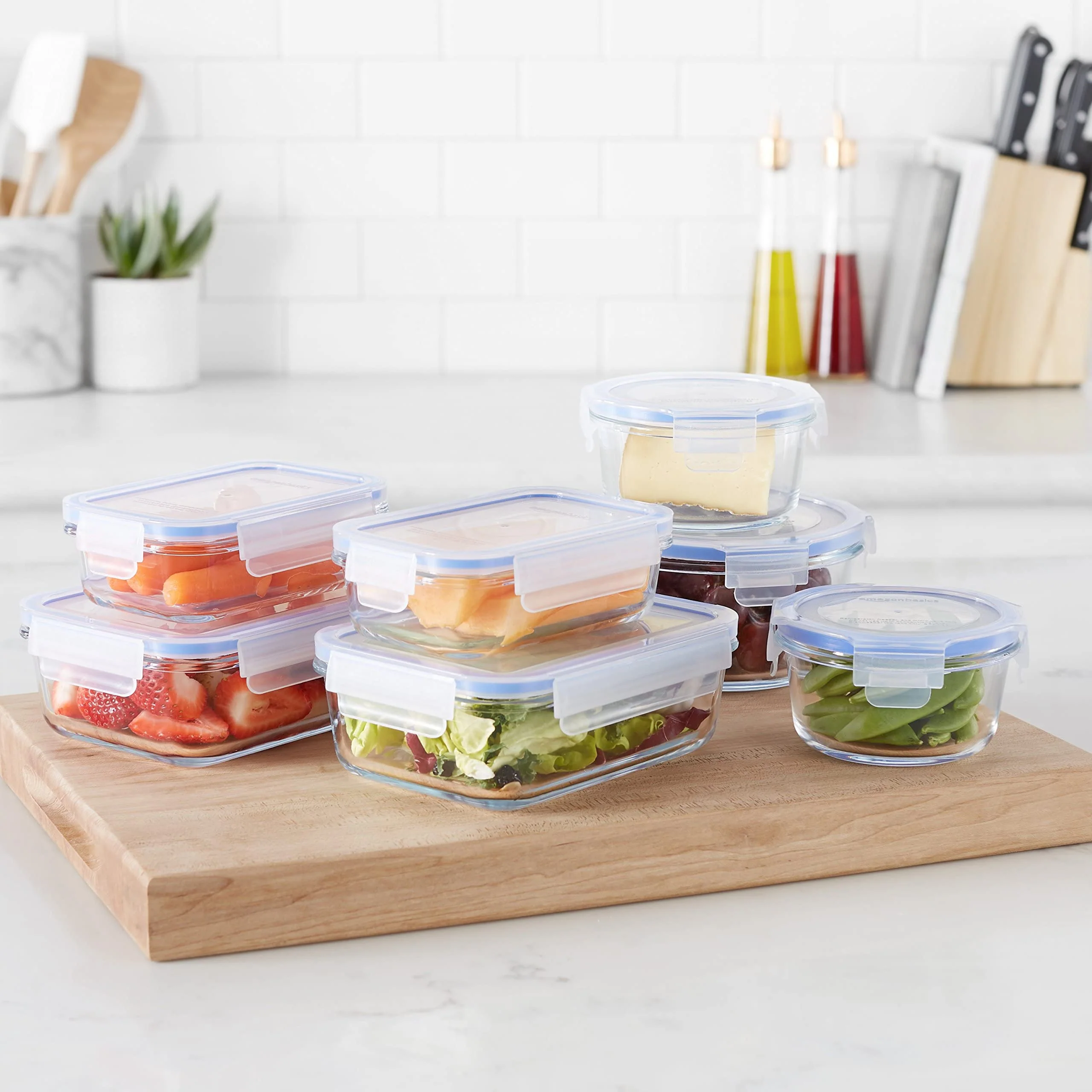 Amazon Basics - Frischhaltedosen aus Glas für Lebensmittel, 14er-Pack (7 Behälter + 7 Deckel), BPA-freie (7er Pack) , Transparent, Blau - Image 7
