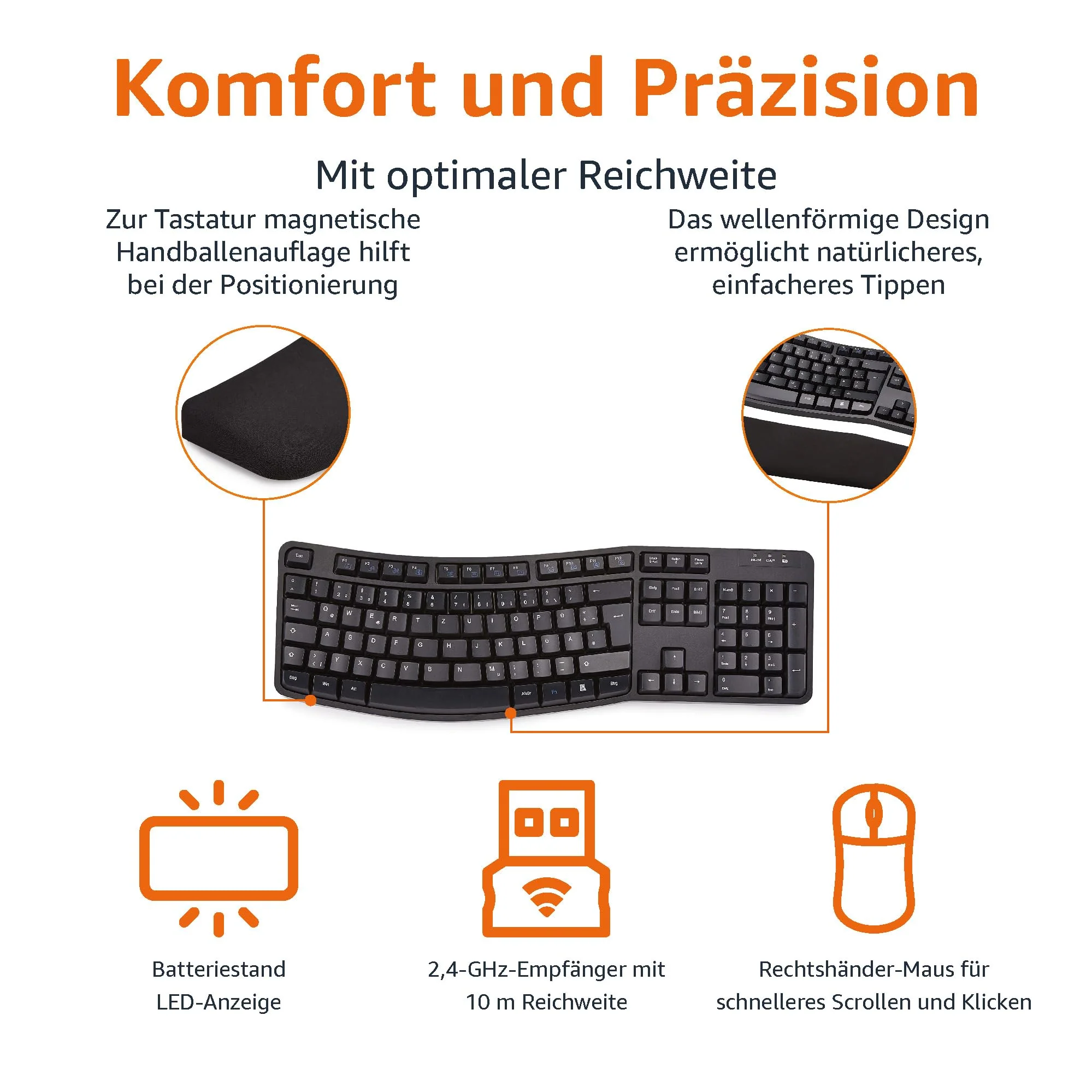 Amazon Basics – Tastatur-Maus-Set, ergonomisch, kabellos, DE Layout - schwarz - Image 11