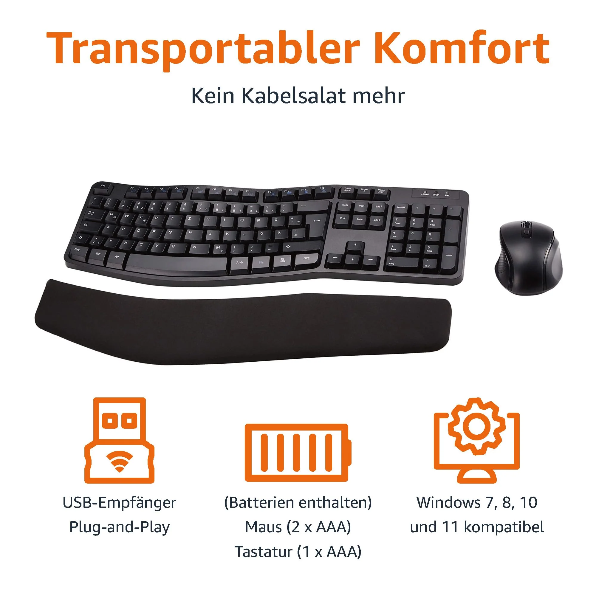 Amazon Basics – Tastatur-Maus-Set, ergonomisch, kabellos, DE Layout - schwarz - Image 9
