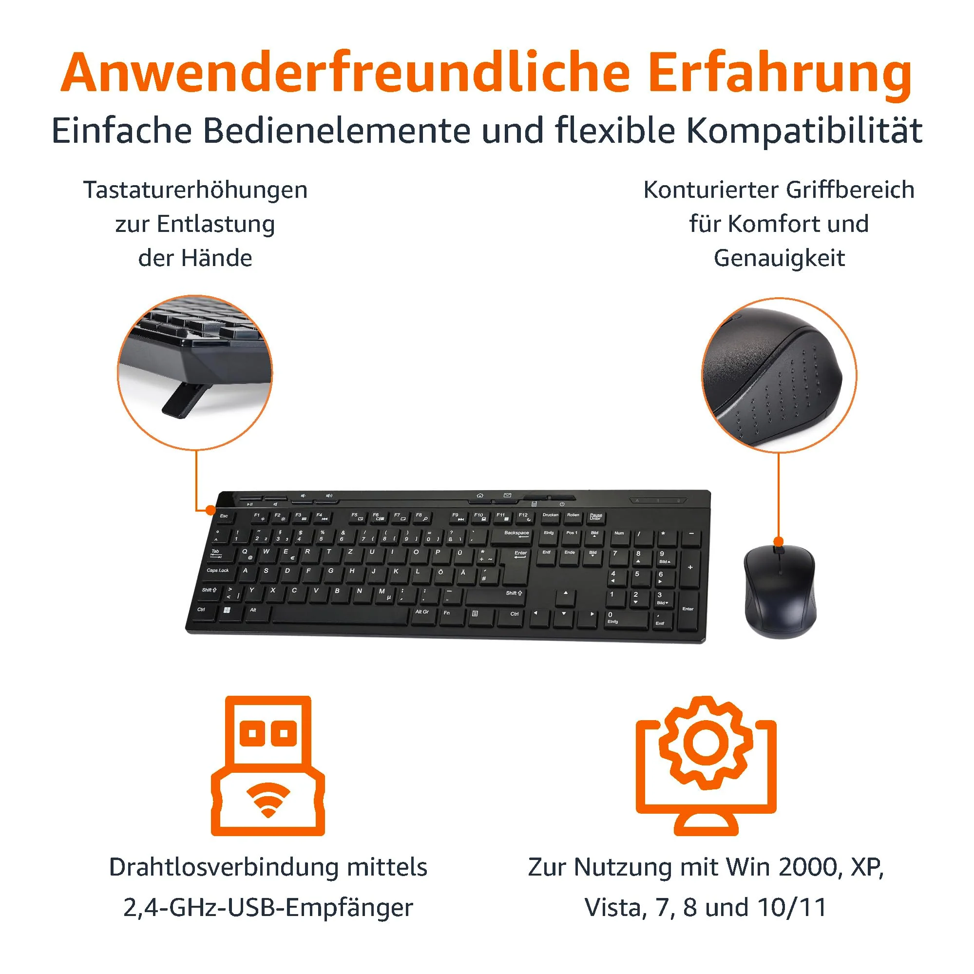 Amazon Basics – Tastatur-Maus-Set, volle Größe, kabellos, USB-Empfänger mit 2,4 GHz, DE-Layout, schwarz - Image 4