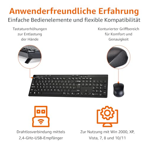 Amazon Basics – Tastatur-Maus-Set, volle Größe, kabellos, USB-Empfänger mit 2,4 GHz, DE-Layout, schwarz - Image 8
