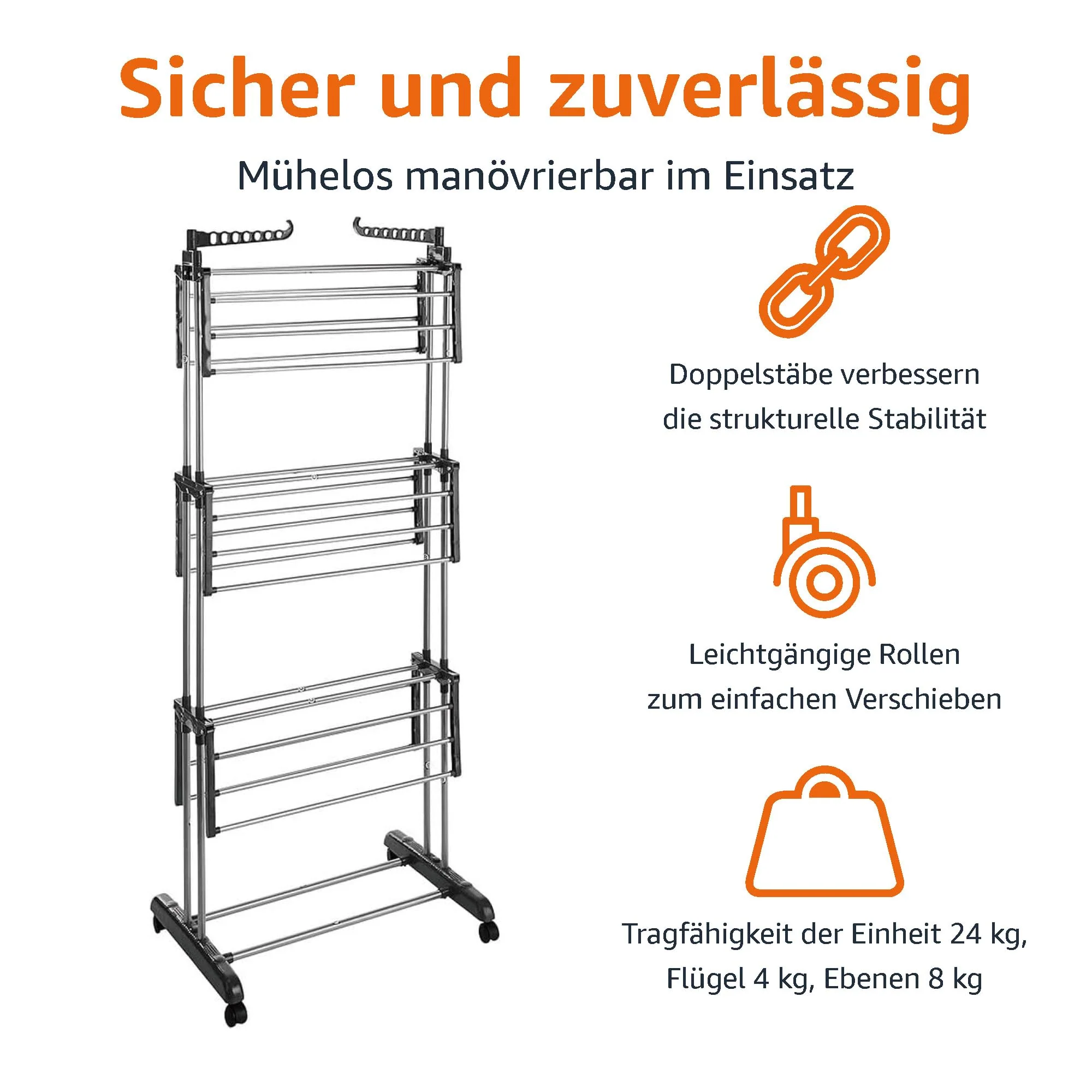 Amazon Basics Turm-Wäscheständer für innen mit faltbaren Flügeln, Garten, Grau, 126 x 64 x 173 cm (L x W x H) - Image 2