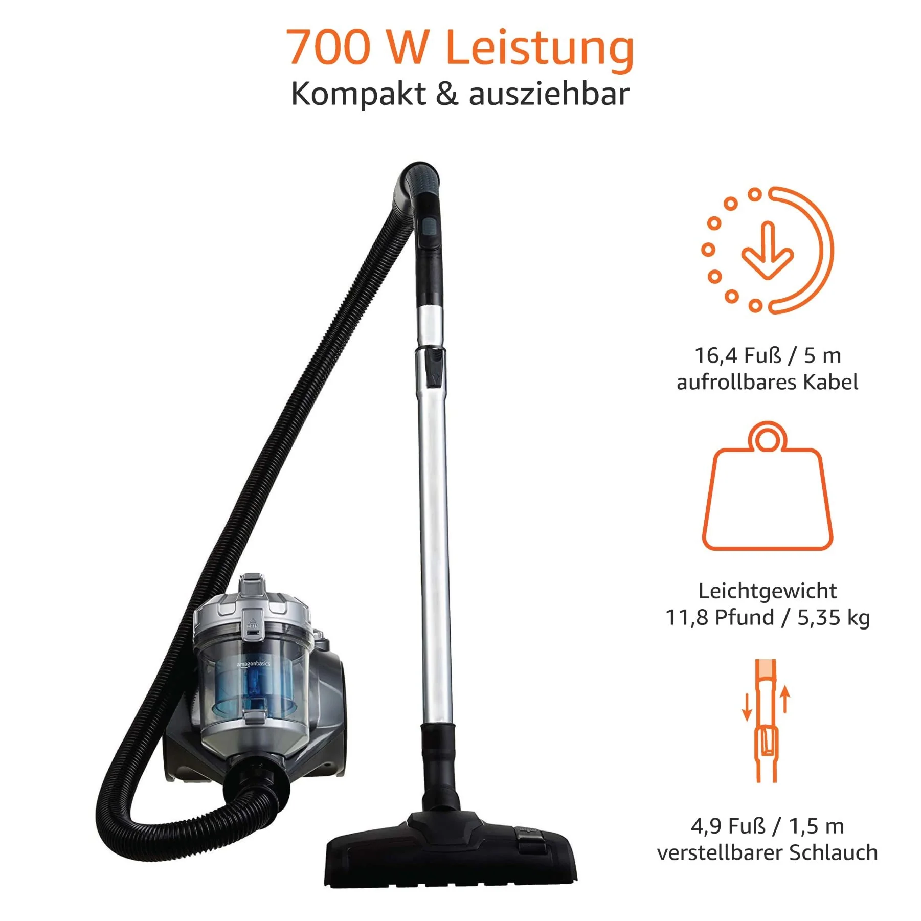 Amazon Basics – Zylinder-Staubsauger, leistungsstark, kompakt und leicht, ohne Beutel, für Hart- und Teppichböden, HEPA-Filter, 700 W, 1,5 l, EU, Schwarz/Blau - Image 4