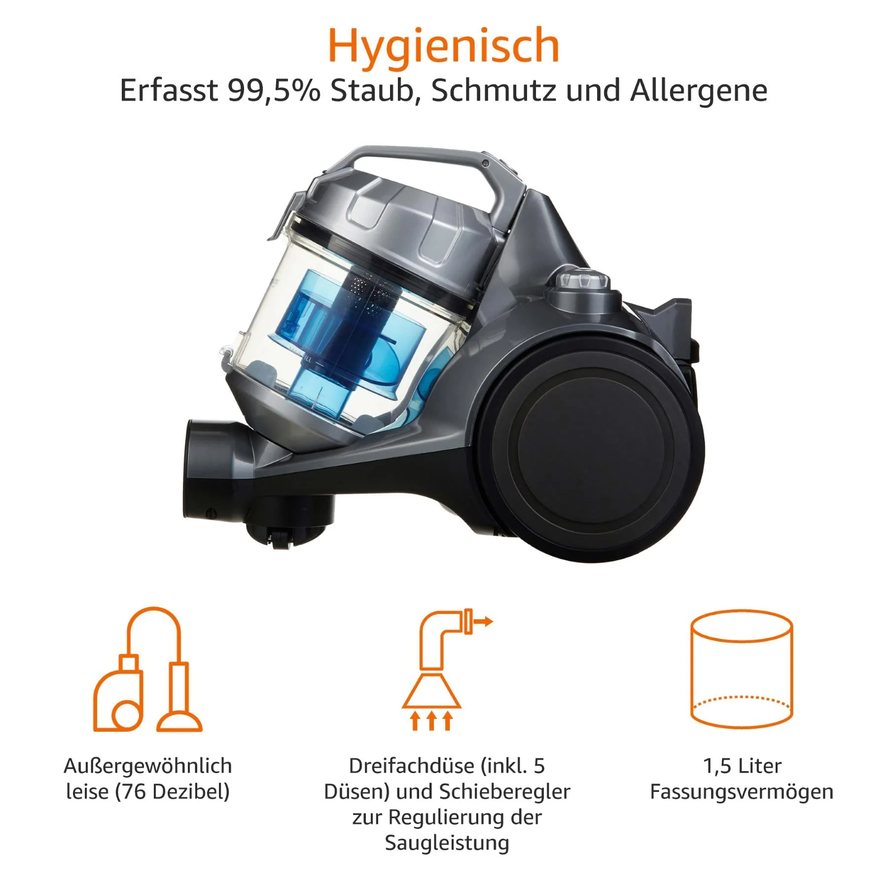 Amazon Basics – Zylinder-Staubsauger, leistungsstark, kompakt und leicht, ohne Beutel, für Hart- und Teppichböden, HEPA-Filter, 700 W, 1,5 l, EU, Schwarz/Blau - Image 7