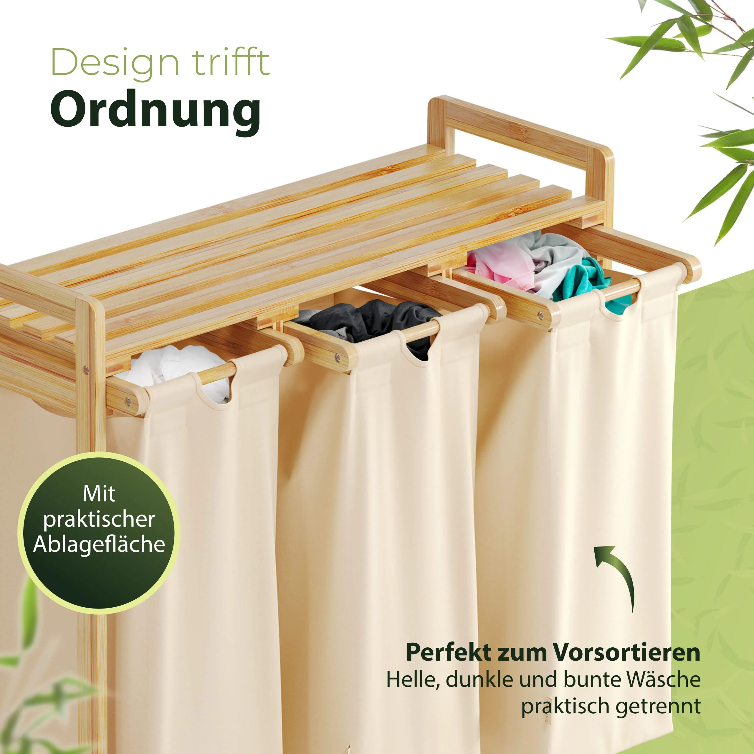 AMBIAVO® Wäschesammler Beige – Wäschekorb 3 Fächer mit Ablage, 90L – Bambus Wäschesortierer & Schmutzwäschebehälter – Wäschekorb mit Ablage – Wäsche Sortiersystem für Ordnung im Haushalt