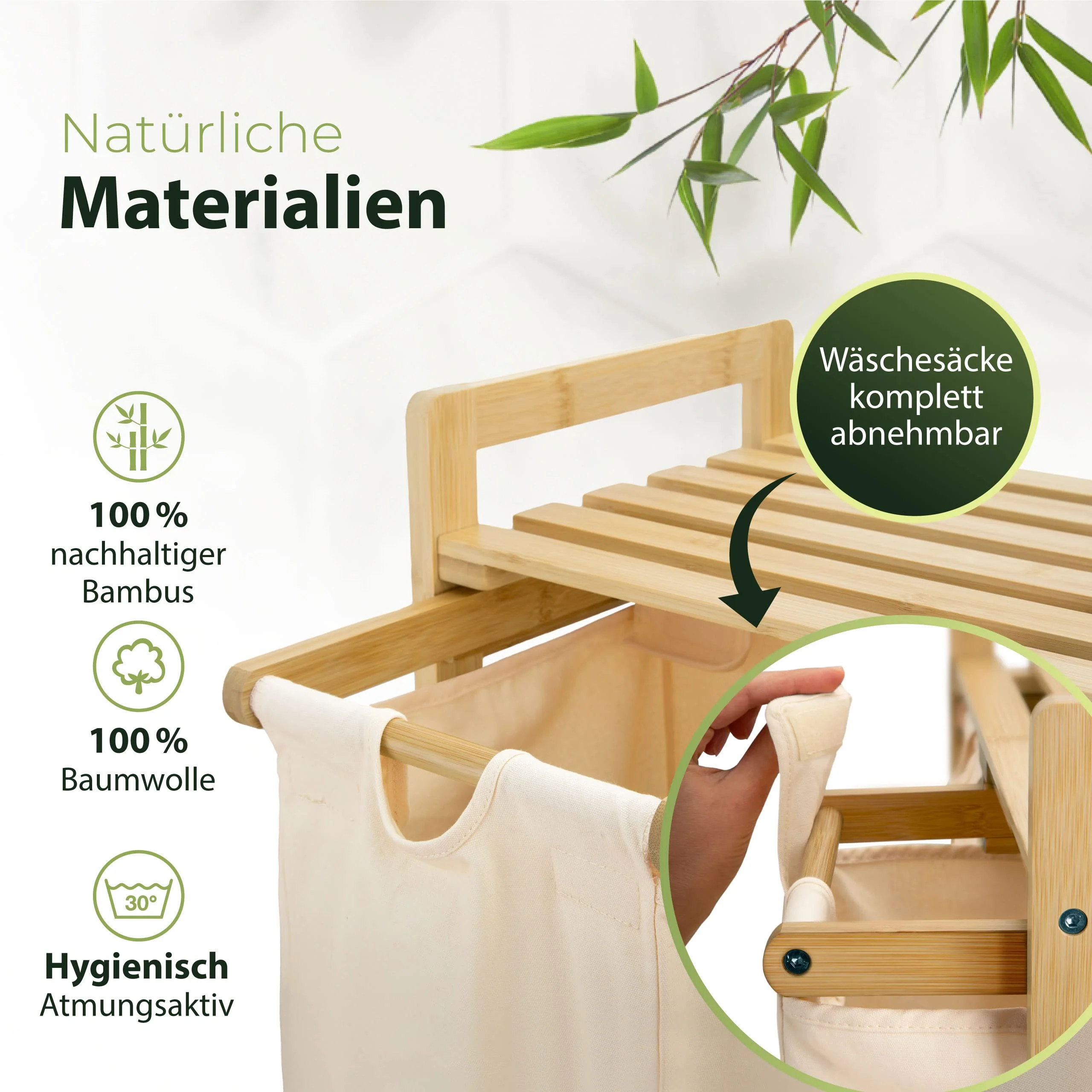 AMBIAVO® Wäschesammler Beige – Wäschekorb 3 Fächer mit Ablage, 90L – Bambus Wäschesortierer & Schmutzwäschebehälter – Wäschekorb mit Ablage – Wäsche Sortiersystem für Ordnung im Haushalt - Image 2