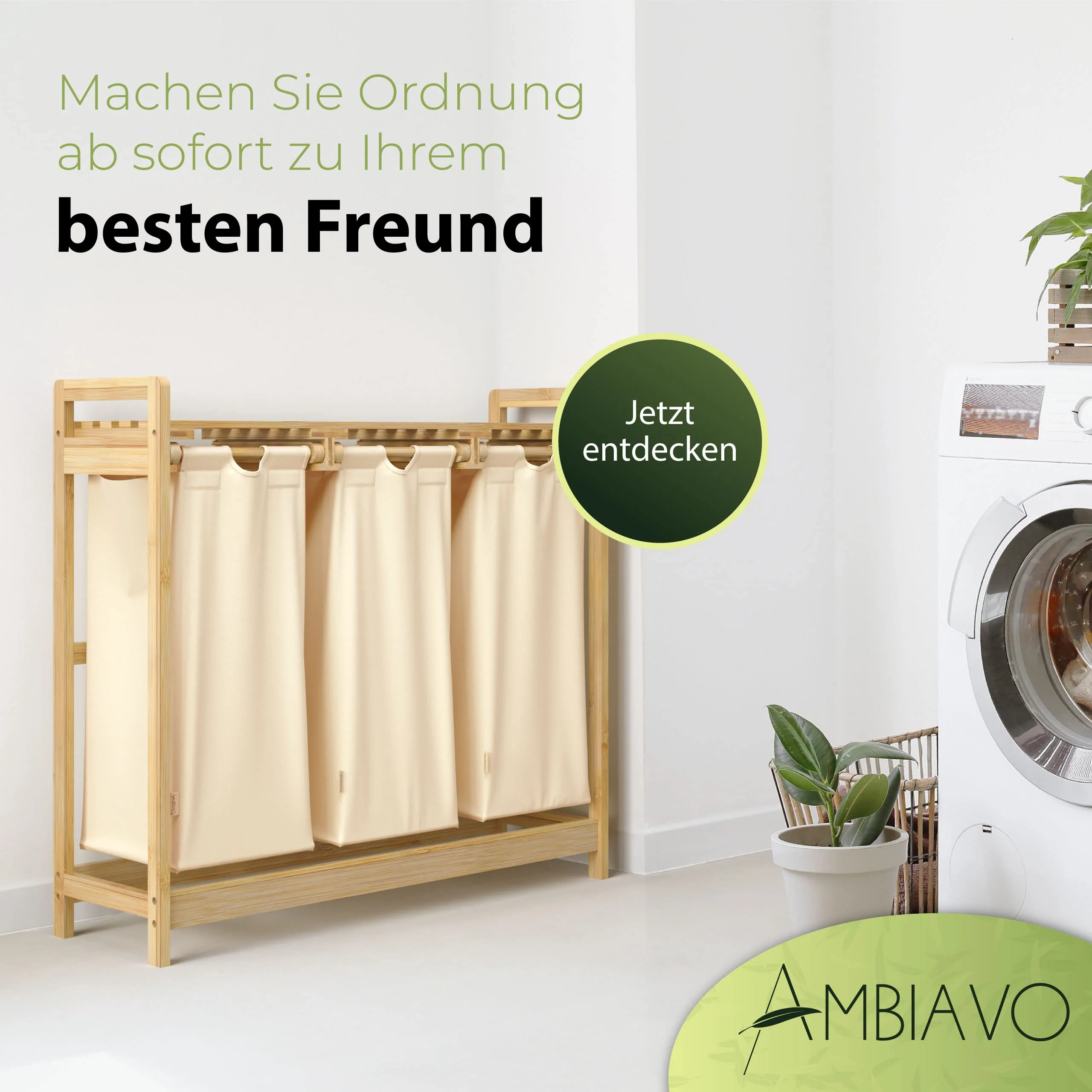 AMBIAVO® Wäschesammler Beige – Wäschekorb 3 Fächer mit Ablage, 90L – Bambus Wäschesortierer & Schmutzwäschebehälter – Wäschekorb mit Ablage – Wäsche Sortiersystem für Ordnung im Haushalt - Image 3