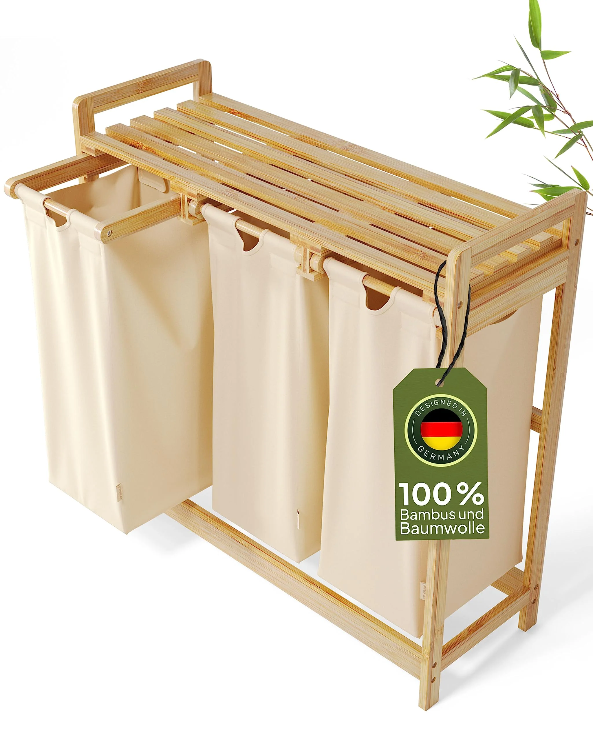 AMBIAVO® Wäschesammler Beige – Wäschekorb 3 Fächer mit Ablage, 90L – Bambus Wäschesortierer & Schmutzwäschebehälter – Wäschekorb mit Ablage – Wäsche Sortiersystem für Ordnung im Haushalt - Image 4
