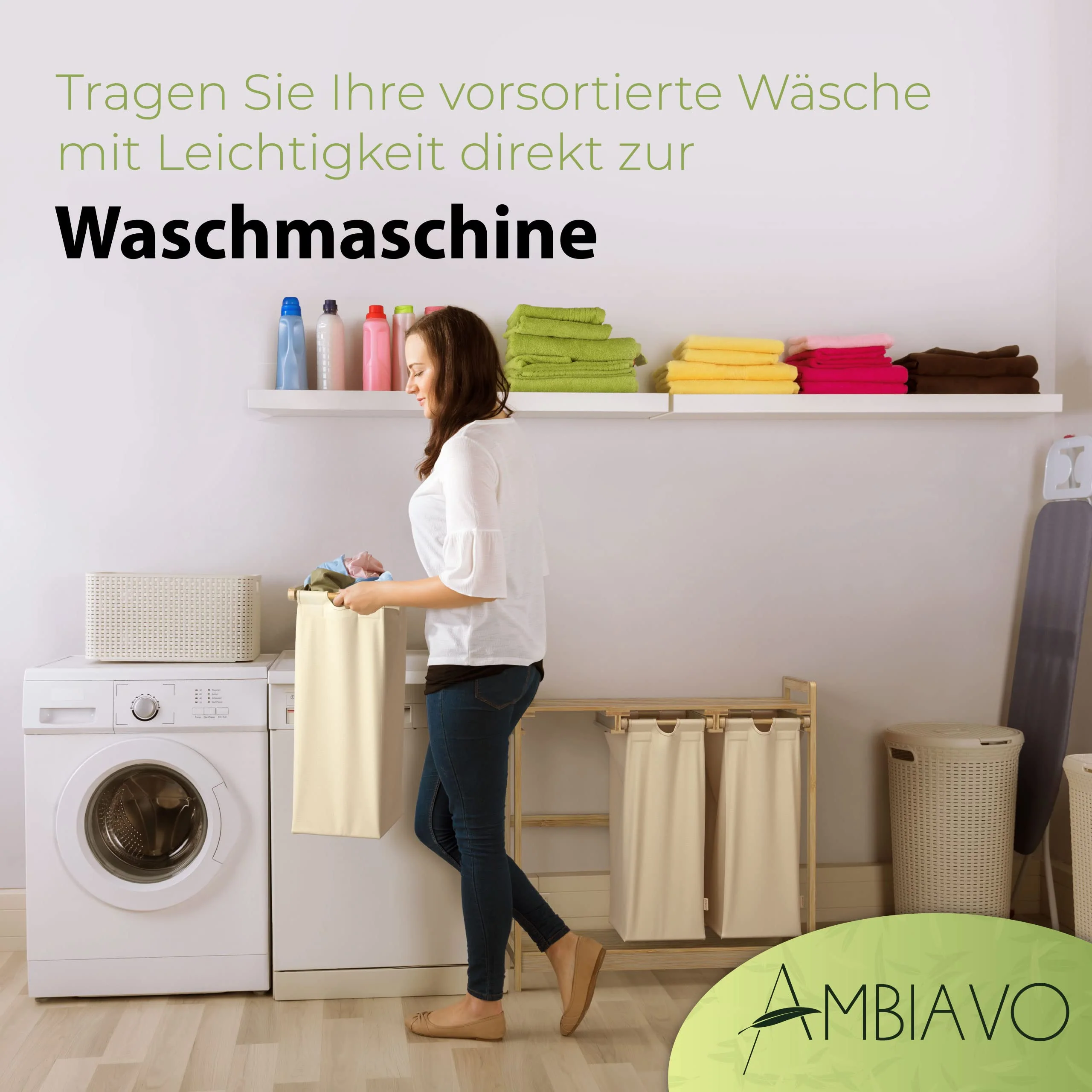 AMBIAVO® Wäschesammler Beige – Wäschekorb 3 Fächer mit Ablage, 90L – Bambus Wäschesortierer & Schmutzwäschebehälter – Wäschekorb mit Ablage – Wäsche Sortiersystem für Ordnung im Haushalt - Image 5