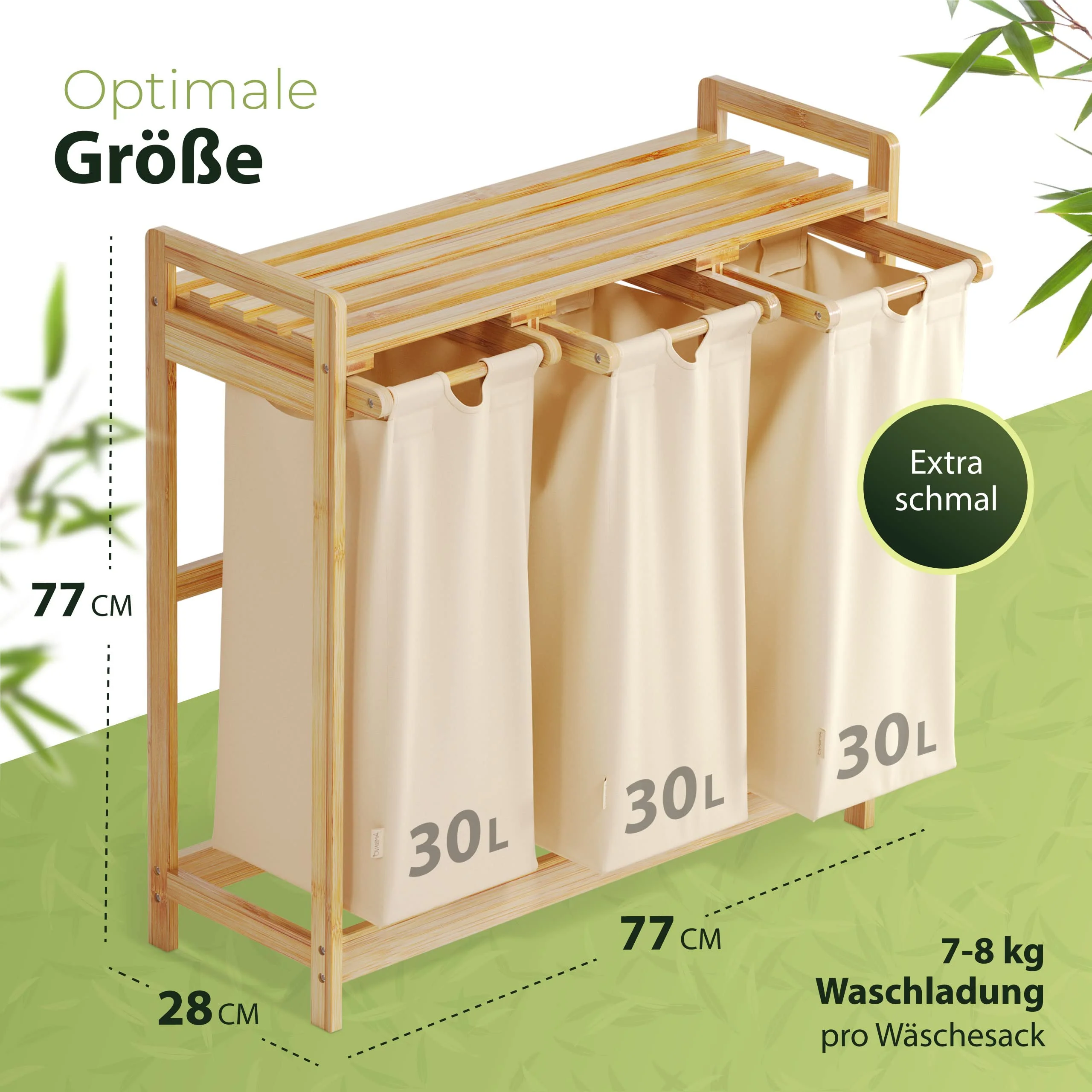 AMBIAVO® Wäschesammler Beige – Wäschekorb 3 Fächer mit Ablage, 90L – Bambus Wäschesortierer & Schmutzwäschebehälter – Wäschekorb mit Ablage – Wäsche Sortiersystem für Ordnung im Haushalt - Image 7