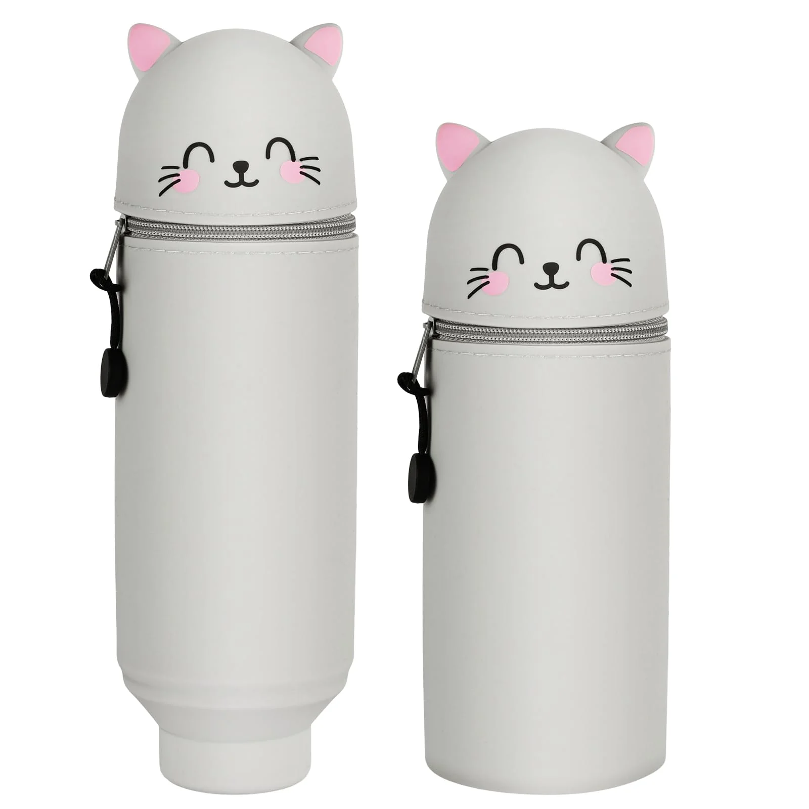 AMFUN 2 in 1 Weiches Silikon-Federmäppchen, Tischstifthalter, Cartoon Federmäppchen, Niedlicher Federtasche für Schülerin Teenager, Graue Katze