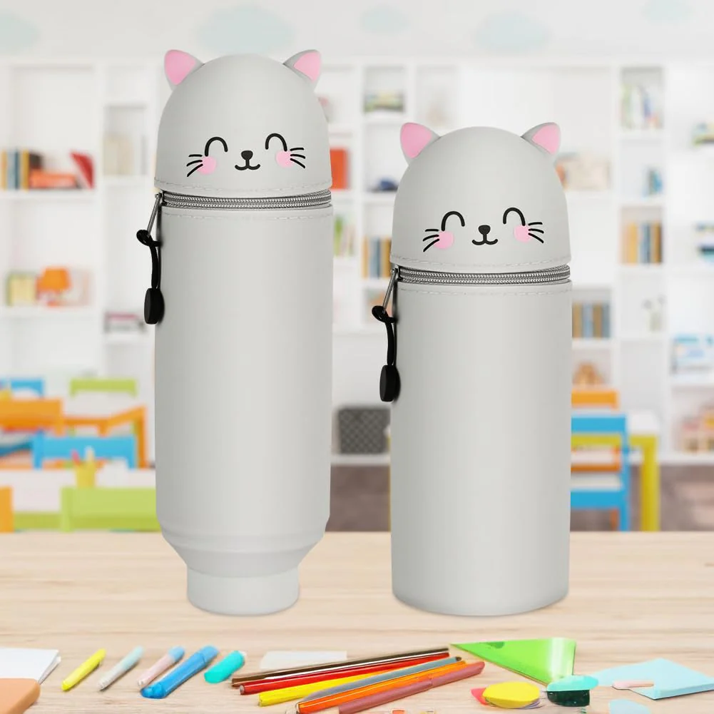 AMFUN 2 in 1 Weiches Silikon-Federmäppchen, Tischstifthalter, Cartoon Federmäppchen, Niedlicher Federtasche für Schülerin Teenager, Graue Katze - Image 2