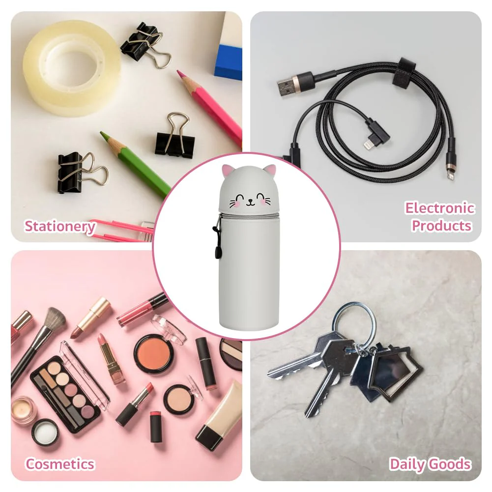 AMFUN 2 in 1 Weiches Silikon-Federmäppchen, Tischstifthalter, Cartoon Federmäppchen, Niedlicher Federtasche für Schülerin Teenager, Graue Katze - Image 3