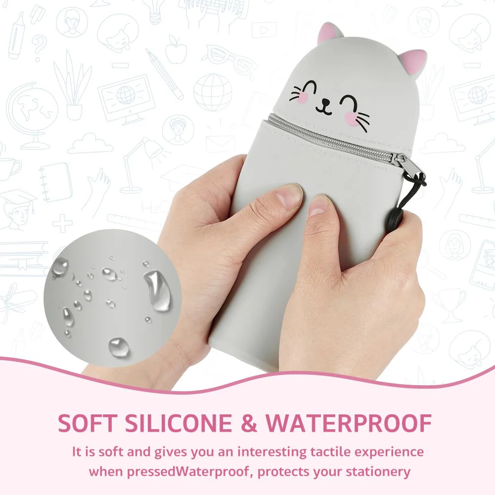AMFUN 2 in 1 Weiches Silikon-Federmäppchen, Tischstifthalter, Cartoon Federmäppchen, Niedlicher Federtasche für Schülerin Teenager, Graue Katze - Image 5