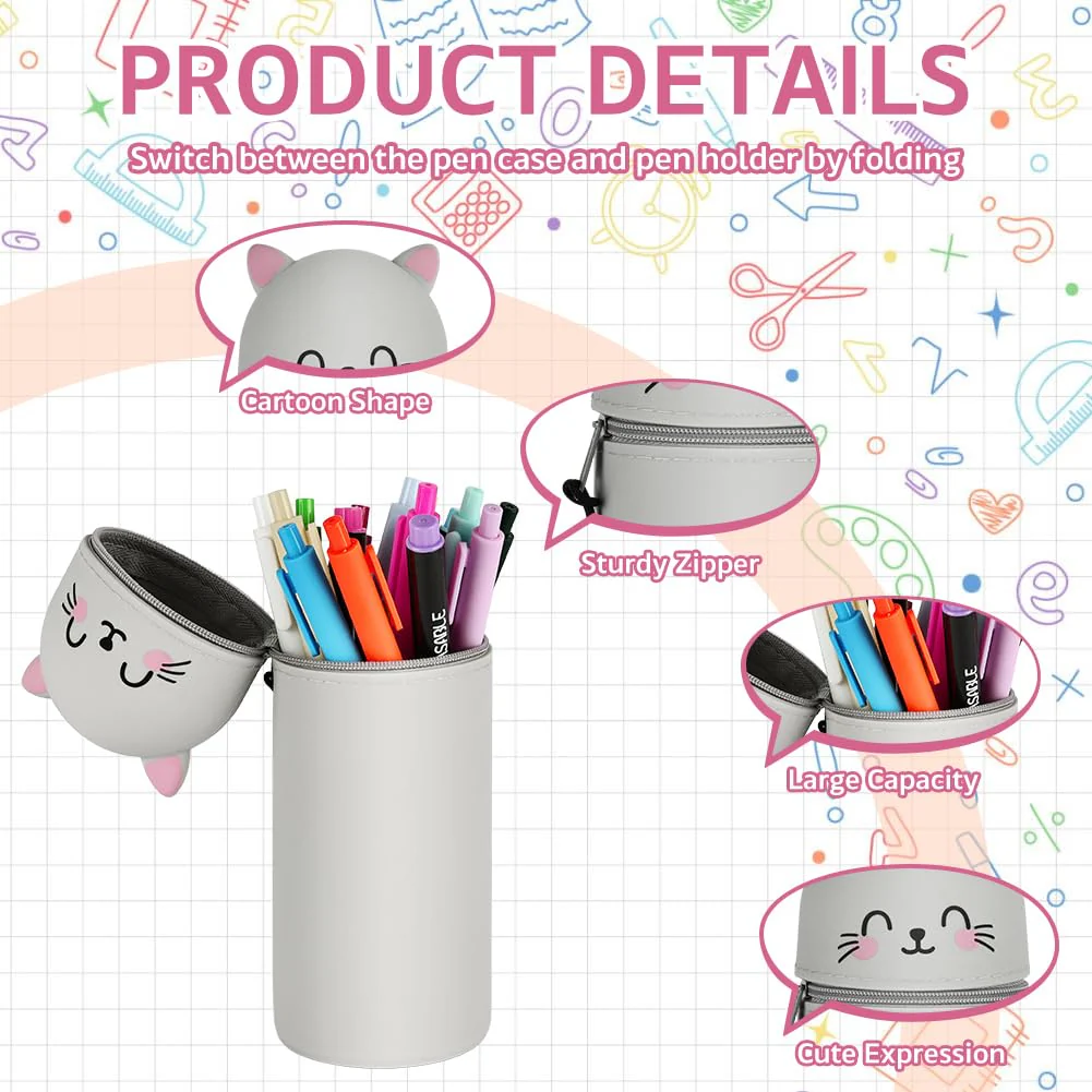 AMFUN 2 in 1 Weiches Silikon-Federmäppchen, Tischstifthalter, Cartoon Federmäppchen, Niedlicher Federtasche für Schülerin Teenager, Graue Katze - Image 6