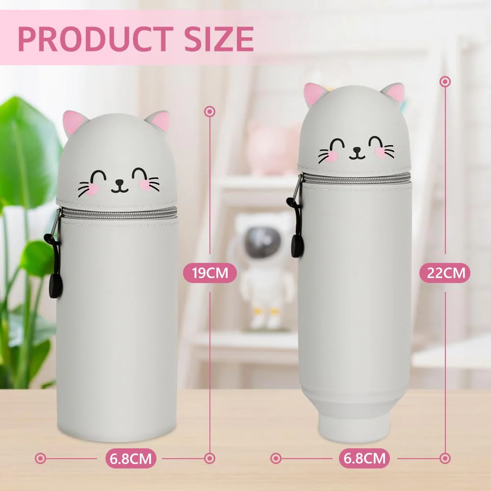 AMFUN 2 in 1 Weiches Silikon-Federmäppchen, Tischstifthalter, Cartoon Federmäppchen, Niedlicher Federtasche für Schülerin Teenager, Graue Katze - Image 8