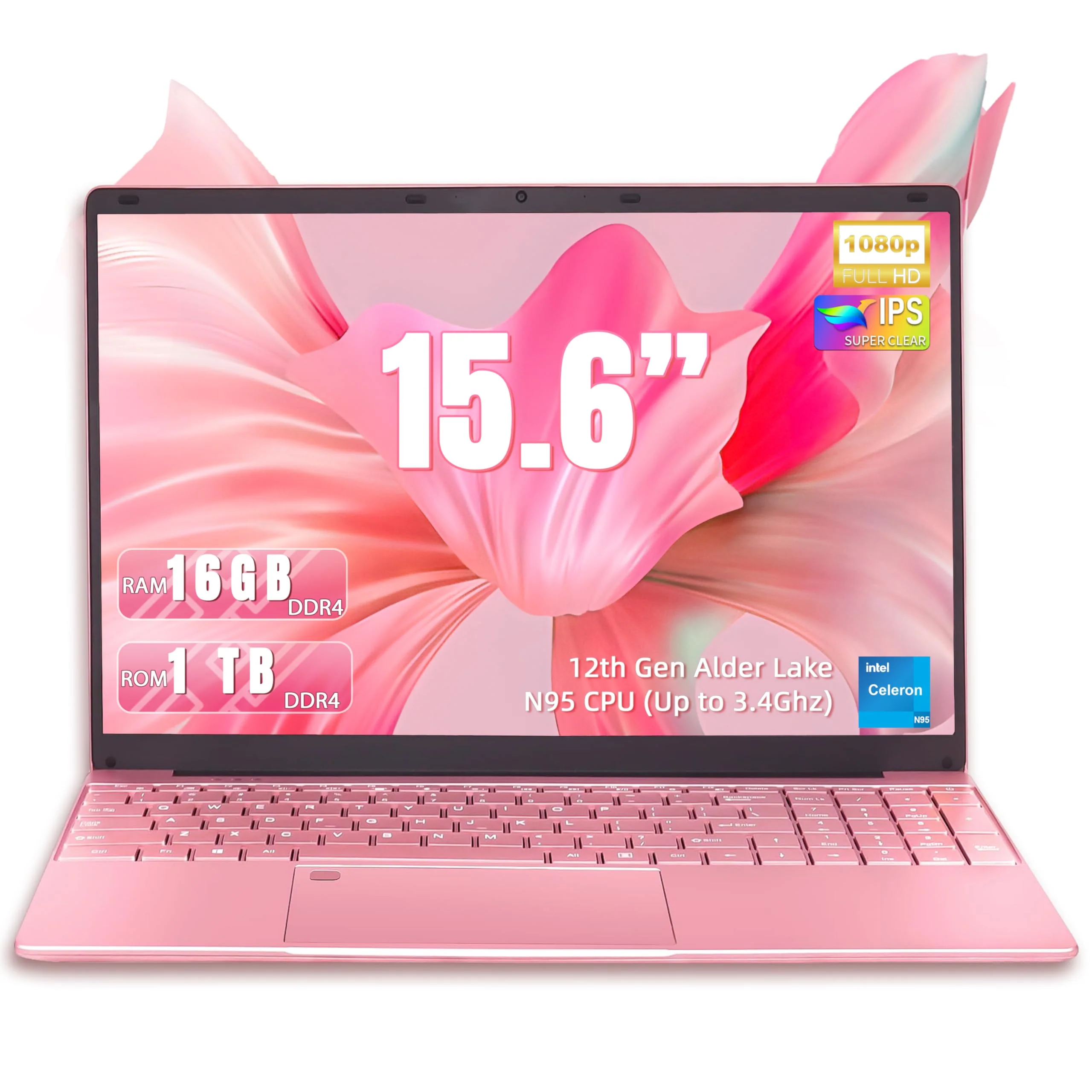 Amita 15,6" Rosa Laptop, 12.Gen N95 (bis zu 3,4 GHz),16 GB DDR4 RAM, 1TB NVME SSD,Win 11Pro & Office 365,Tragbares Notebook mit hintergrundbeleuchteter Tastatur,Dual-Band WiFi (16+1T)