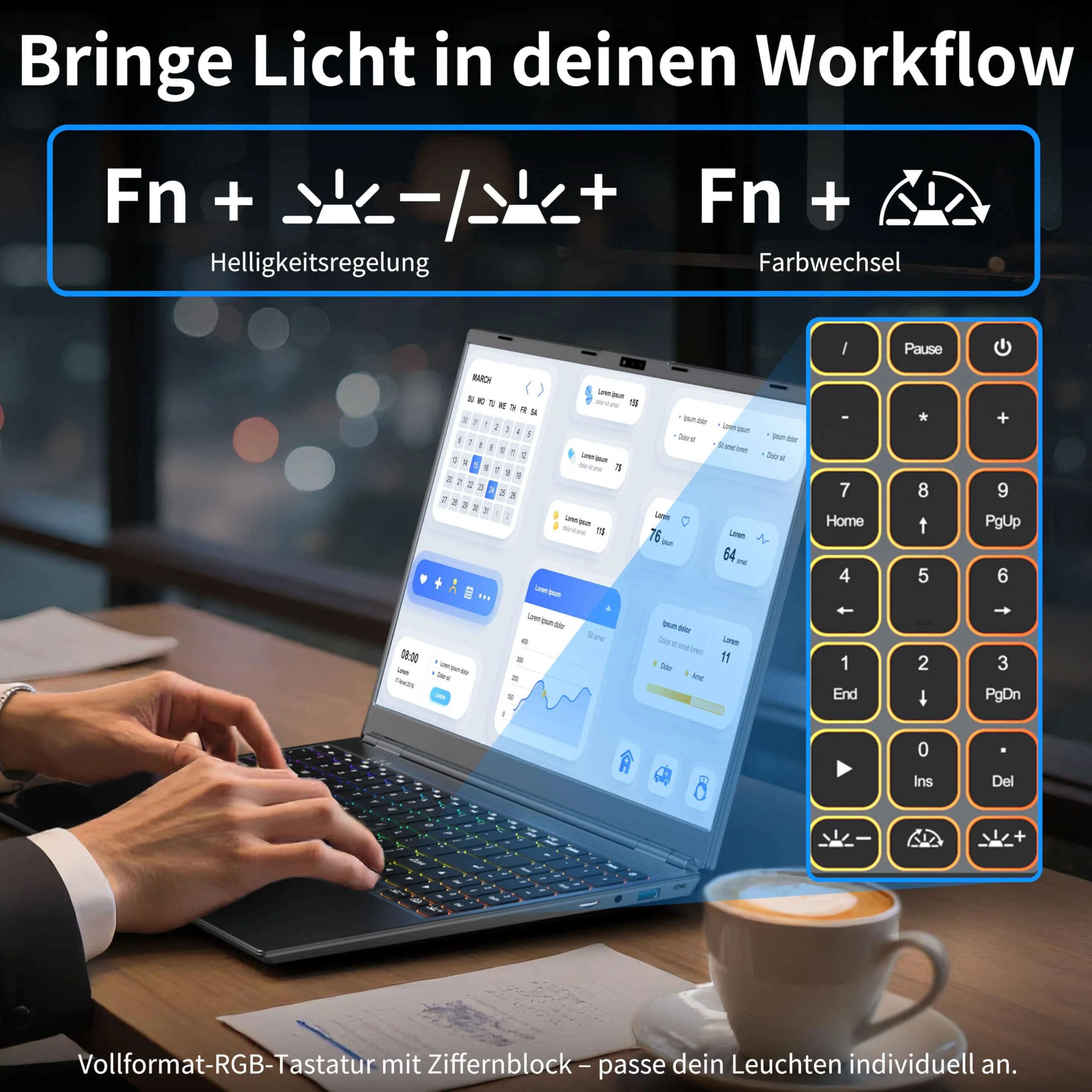 Amita 16" Touchscreen Laptop | i3-8109U(up to 3.6GHz), 16GB RAM, 512GB SSD, RGB Hintergrundbeleuchtete Tastatur, Gesicht- & Fingerabdruck-Login, 180° Scharnier, Win 11 Pro & Office (512GB SSD) - Image 3