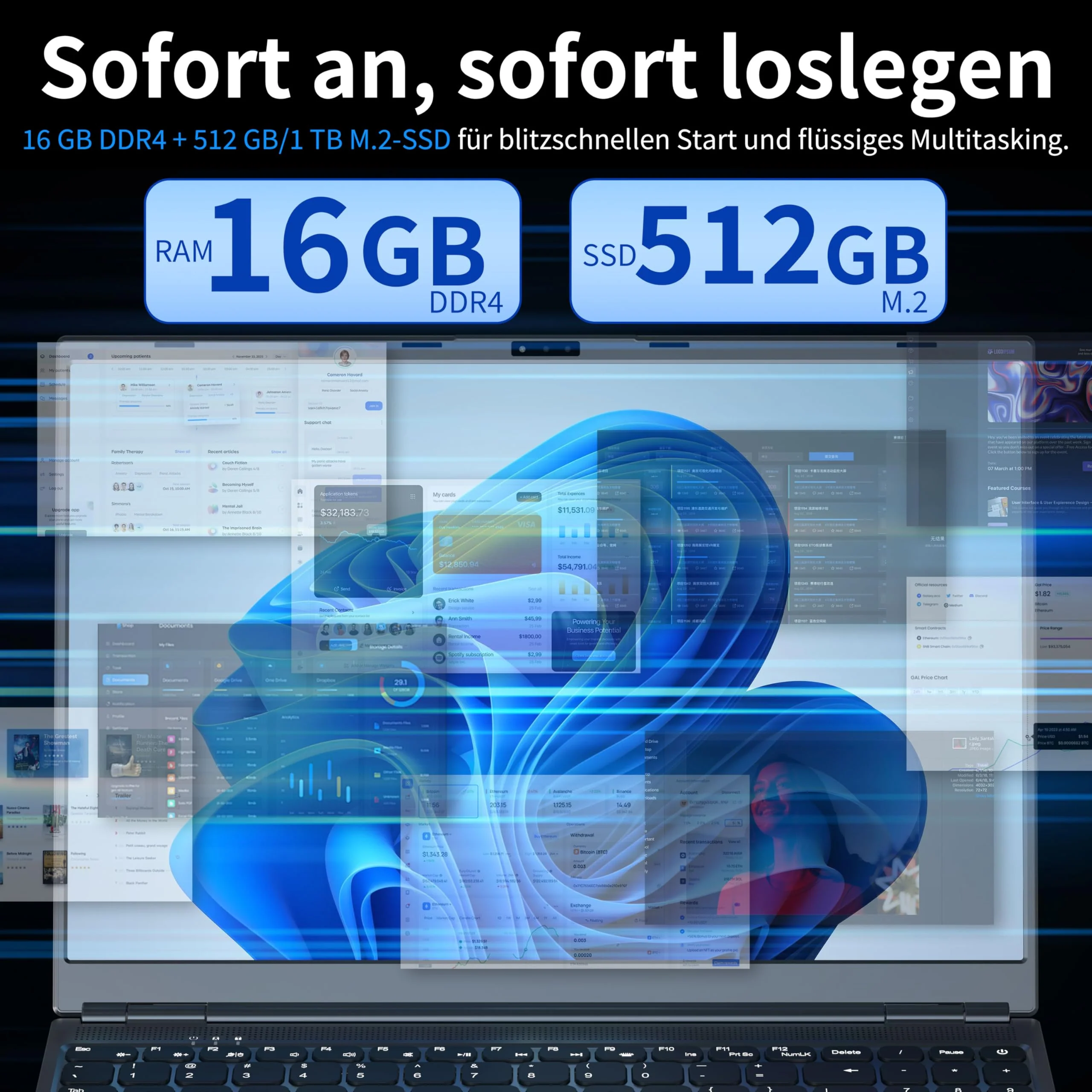 Amita 16" Touchscreen Laptop | i3-8109U(up to 3.6GHz), 16GB RAM, 512GB SSD, RGB Hintergrundbeleuchtete Tastatur, Gesicht- & Fingerabdruck-Login, 180° Scharnier, Win 11 Pro & Office (512GB SSD) - Image 4
