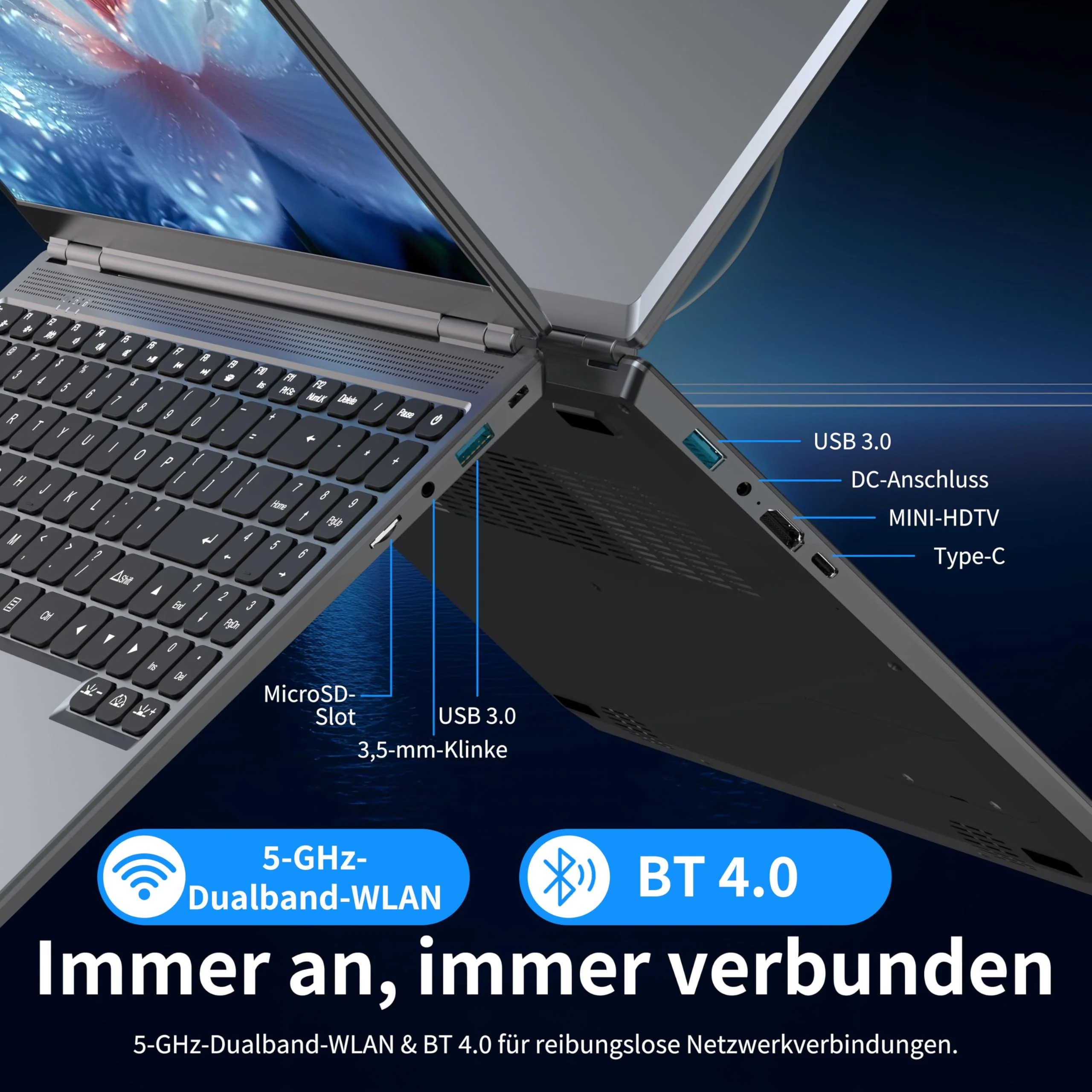 Amita 16" Touchscreen Laptop | i3-8109U(up to 3.6GHz), 16GB RAM, 512GB SSD, RGB Hintergrundbeleuchtete Tastatur, Gesicht- & Fingerabdruck-Login, 180° Scharnier, Win 11 Pro & Office (512GB SSD) - Image 6