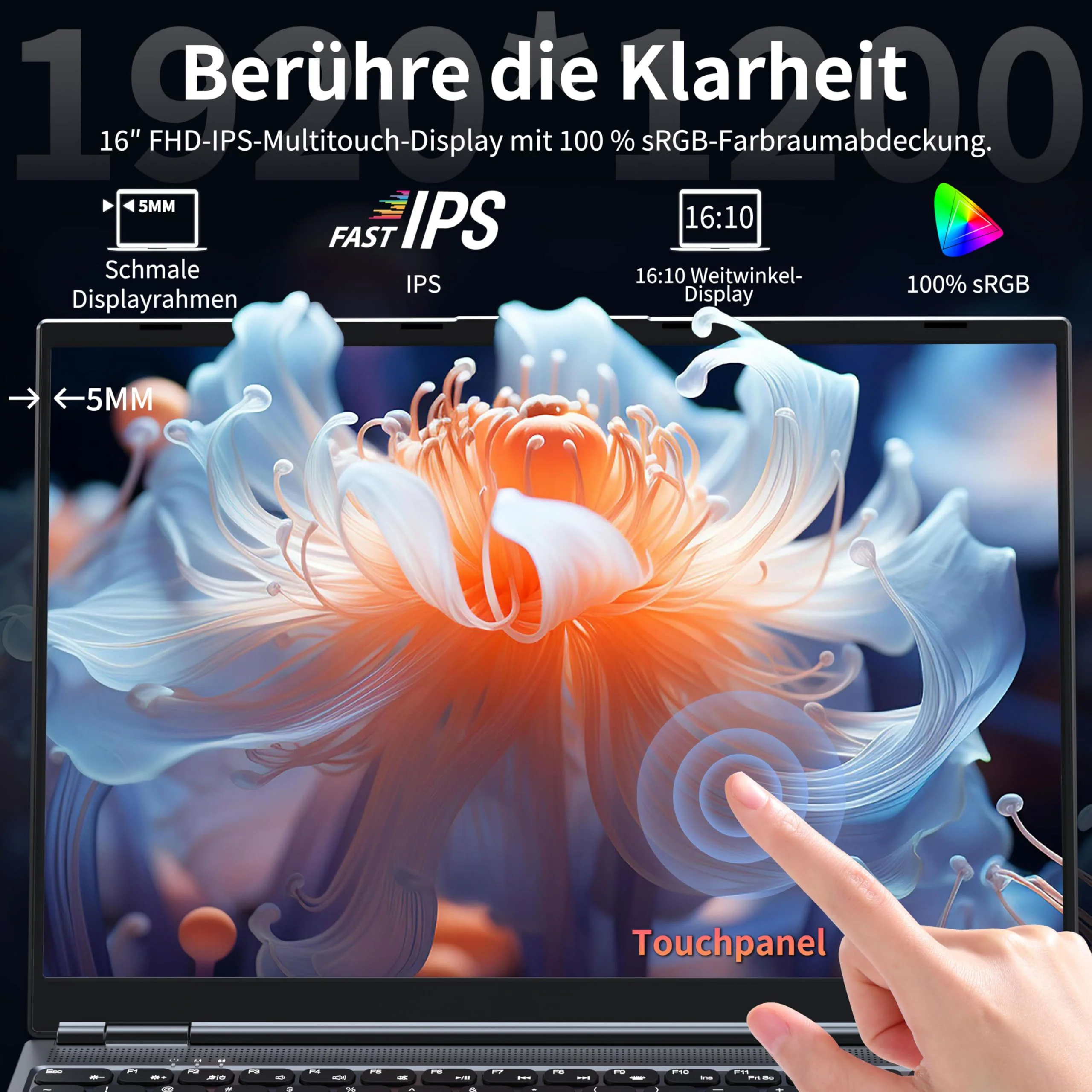 Amita 16" Touchscreen Laptop | i3-8109U(up to 3.6GHz), 16GB RAM, 512GB SSD, RGB Hintergrundbeleuchtete Tastatur, Gesicht- & Fingerabdruck-Login, 180° Scharnier, Win 11 Pro & Office (512GB SSD) - Image 7