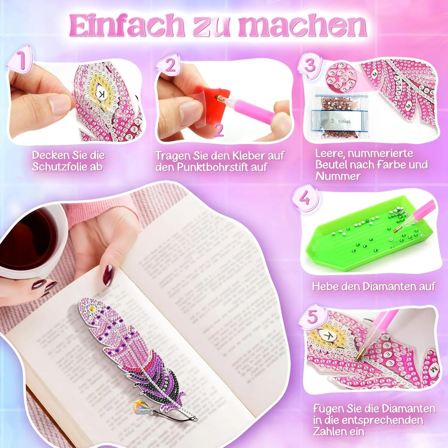 Amteker Diamond Painting Kinder, DIY Lesezeichen Geschenke für Mädchen 6-11 Jahre, Bastelset Kinder ab 4-6 Jahre, Adventskalender Füllung Basteln Mädchen 4-8 Jahre - Image 5