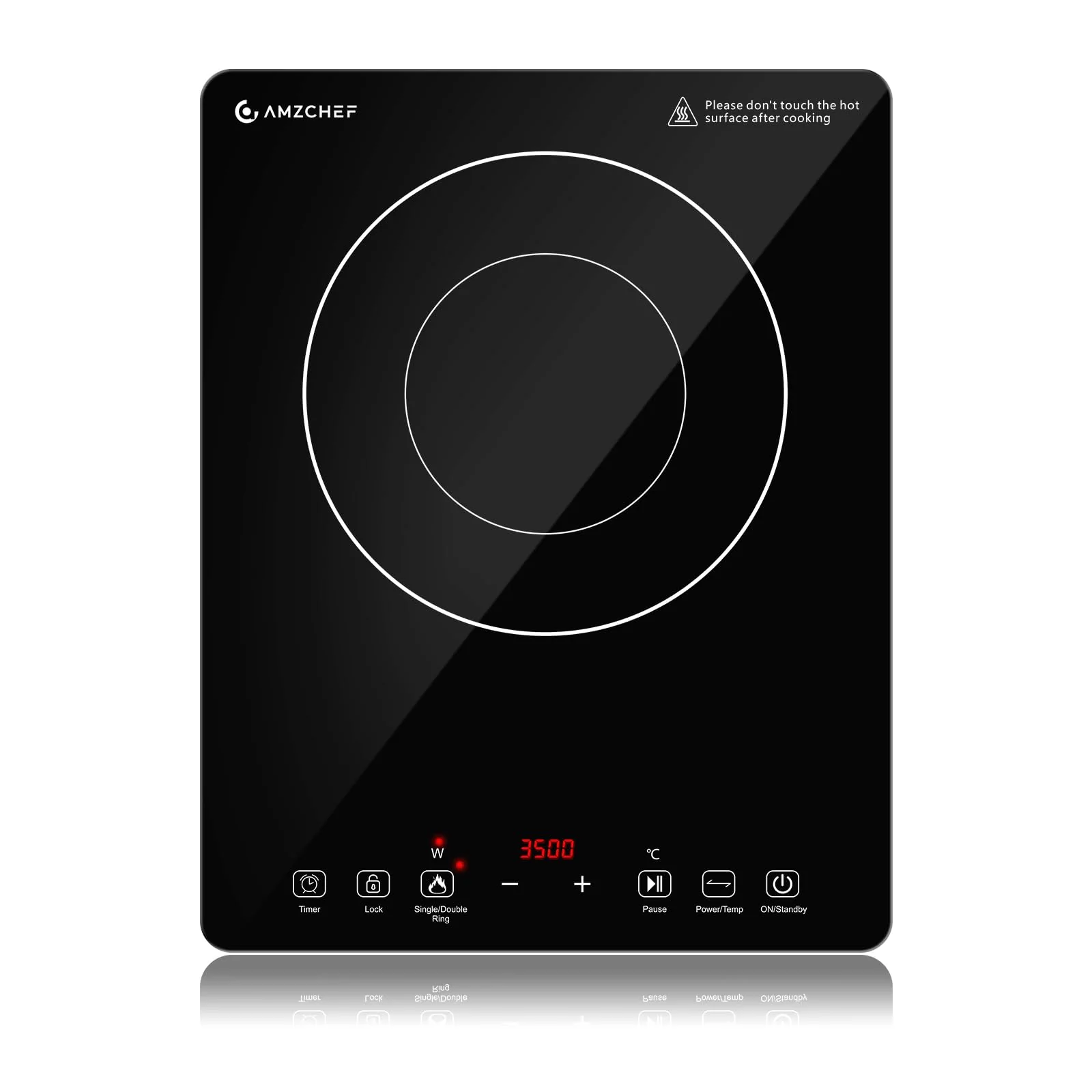 AMZCHEF Einzel Induktionskochplatte, 3500W Induktionskochfeld 1 Platte mit Doppelter Ring, 9 Leistungs- und Temperaturstufen, Sicherheitssperre, Pausenfunktion, Zeitschaltuhr, Überhitzungsschutz