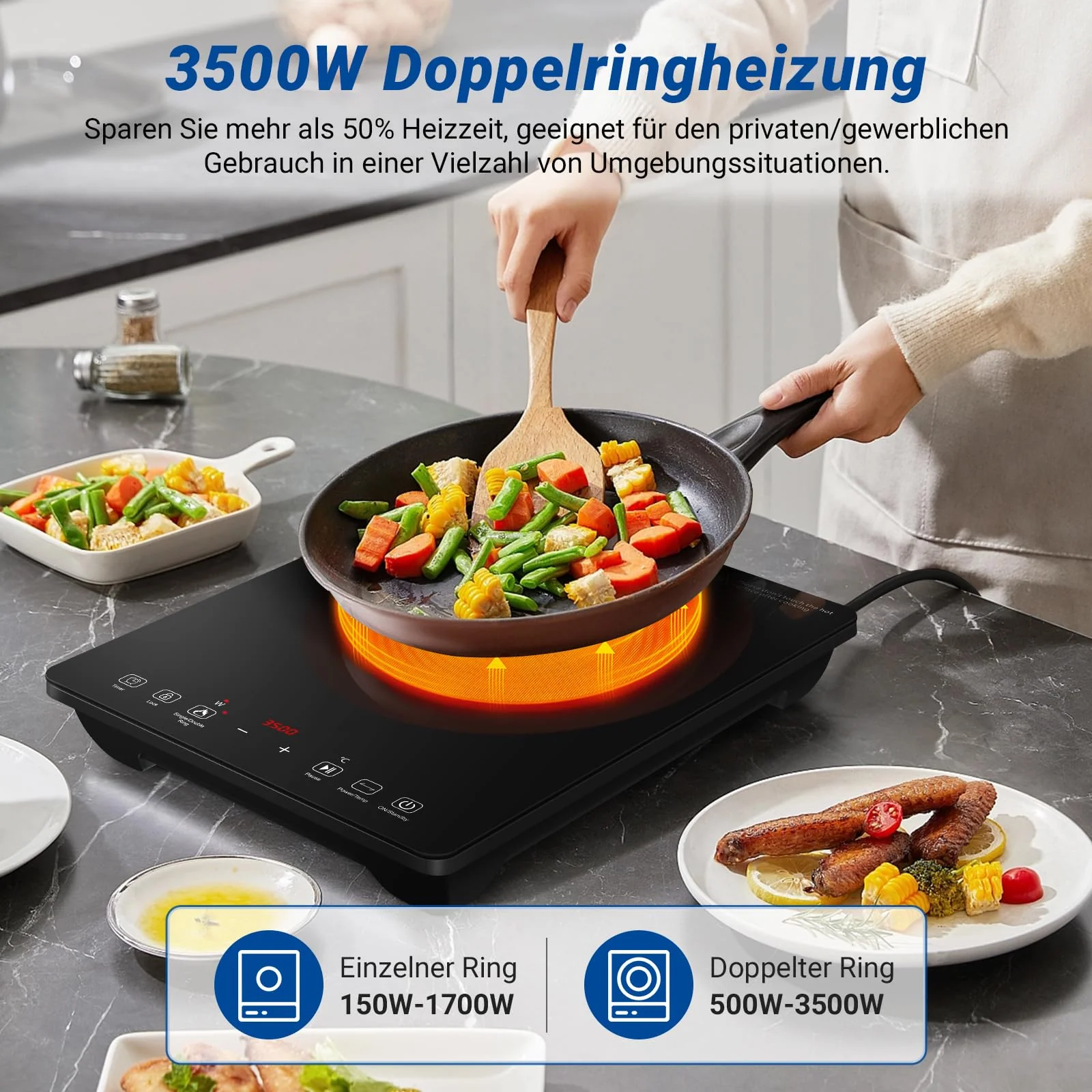 AMZCHEF Einzel Induktionskochplatte, 3500W Induktionskochfeld 1 Platte mit Doppelter Ring, 9 Leistungs- und Temperaturstufen, Sicherheitssperre, Pausenfunktion, Zeitschaltuhr, Überhitzungsschutz - Image 2
