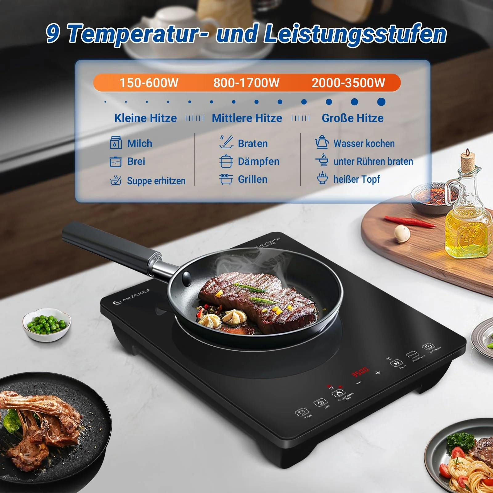 AMZCHEF Einzel Induktionskochplatte, 3500W Induktionskochfeld 1 Platte mit Doppelter Ring, 9 Leistungs- und Temperaturstufen, Sicherheitssperre, Pausenfunktion, Zeitschaltuhr, Überhitzungsschutz - Image 3