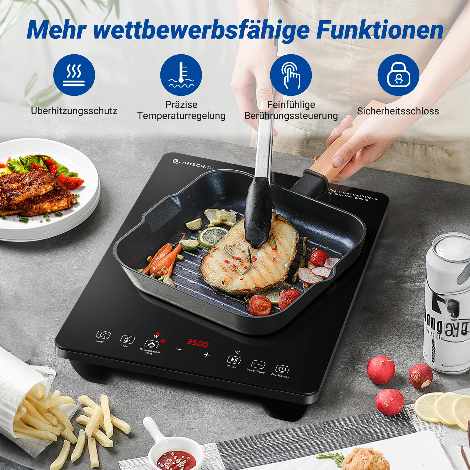 AMZCHEF Einzel Induktionskochplatte, 3500W Induktionskochfeld 1 Platte mit Doppelter Ring, 9 Leistungs- und Temperaturstufen, Sicherheitssperre, Pausenfunktion, Zeitschaltuhr, Überhitzungsschutz - Image 4