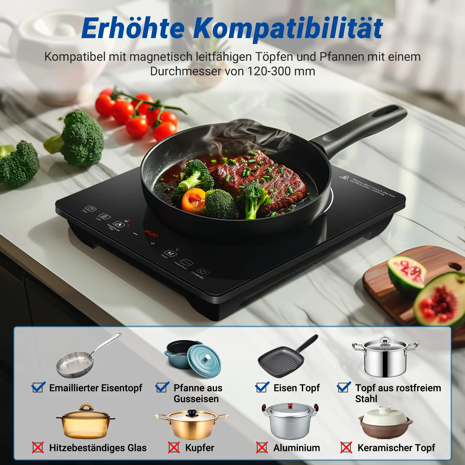 AMZCHEF Einzel Induktionskochplatte, 3500W Induktionskochfeld 1 Platte mit Doppelter Ring, 9 Leistungs- und Temperaturstufen, Sicherheitssperre, Pausenfunktion, Zeitschaltuhr, Überhitzungsschutz - Image 5