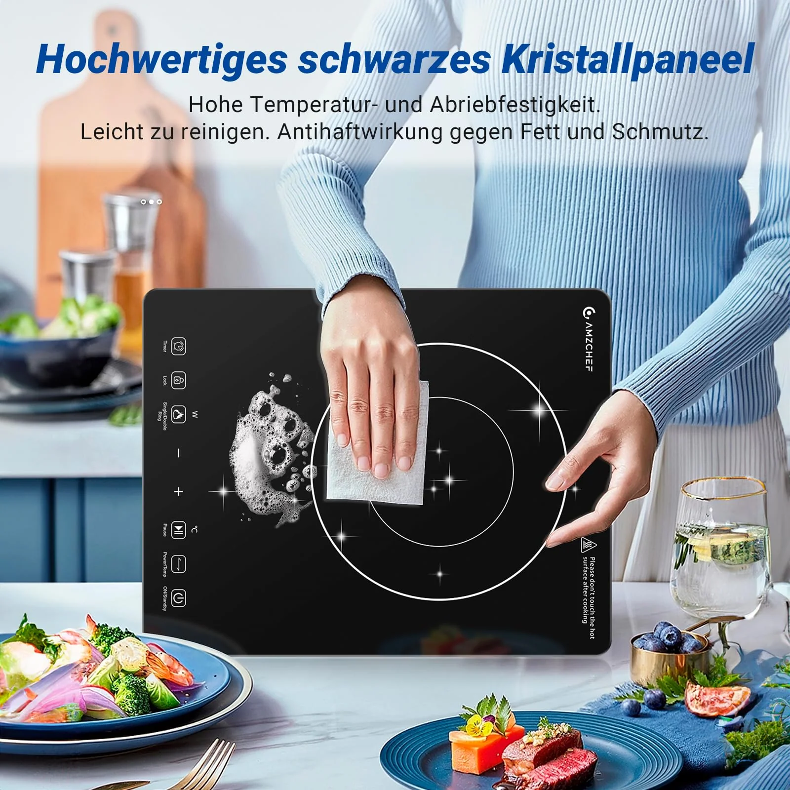 AMZCHEF Einzel Induktionskochplatte, 3500W Induktionskochfeld 1 Platte mit Doppelter Ring, 9 Leistungs- und Temperaturstufen, Sicherheitssperre, Pausenfunktion, Zeitschaltuhr, Überhitzungsschutz - Image 9