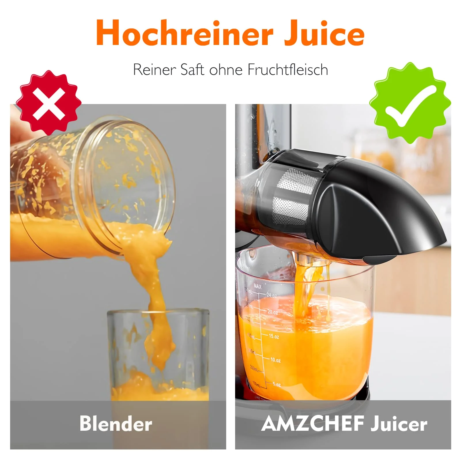 AMZCHEF Entsafter Gemüse und Obst Testsieger - Entsafter Slow Juicer mit Rückwärts-Kau-Funktion - Zartes Zerkleinern ohne Filtern - Saftpresse Elektrisch mit Bürste und 2 Tassen - Silber - Image 3
