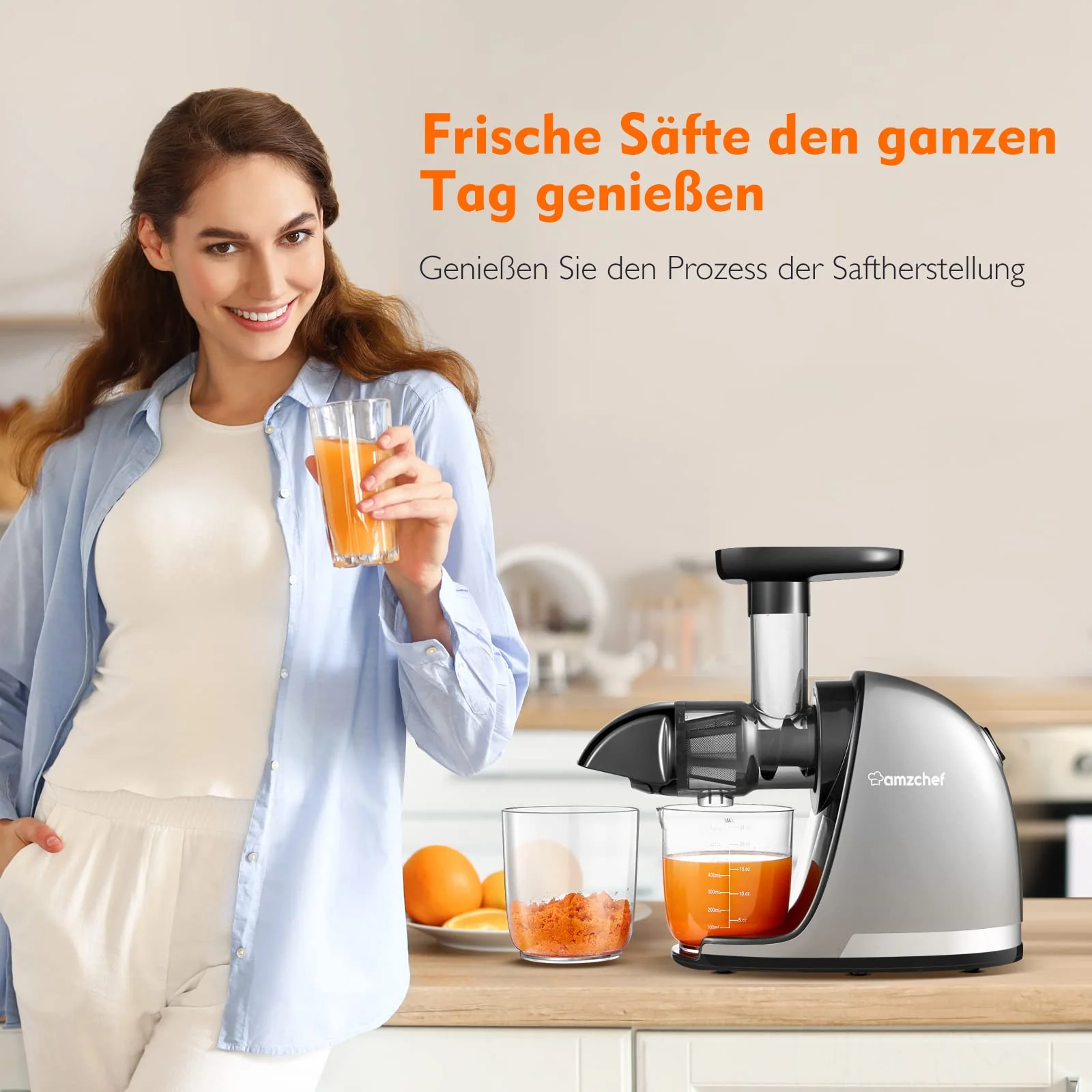 AMZCHEF Entsafter Gemüse und Obst Testsieger - Entsafter Slow Juicer mit Rückwärts-Kau-Funktion - Zartes Zerkleinern ohne Filtern - Saftpresse Elektrisch mit Bürste und 2 Tassen - Silber - Image 6