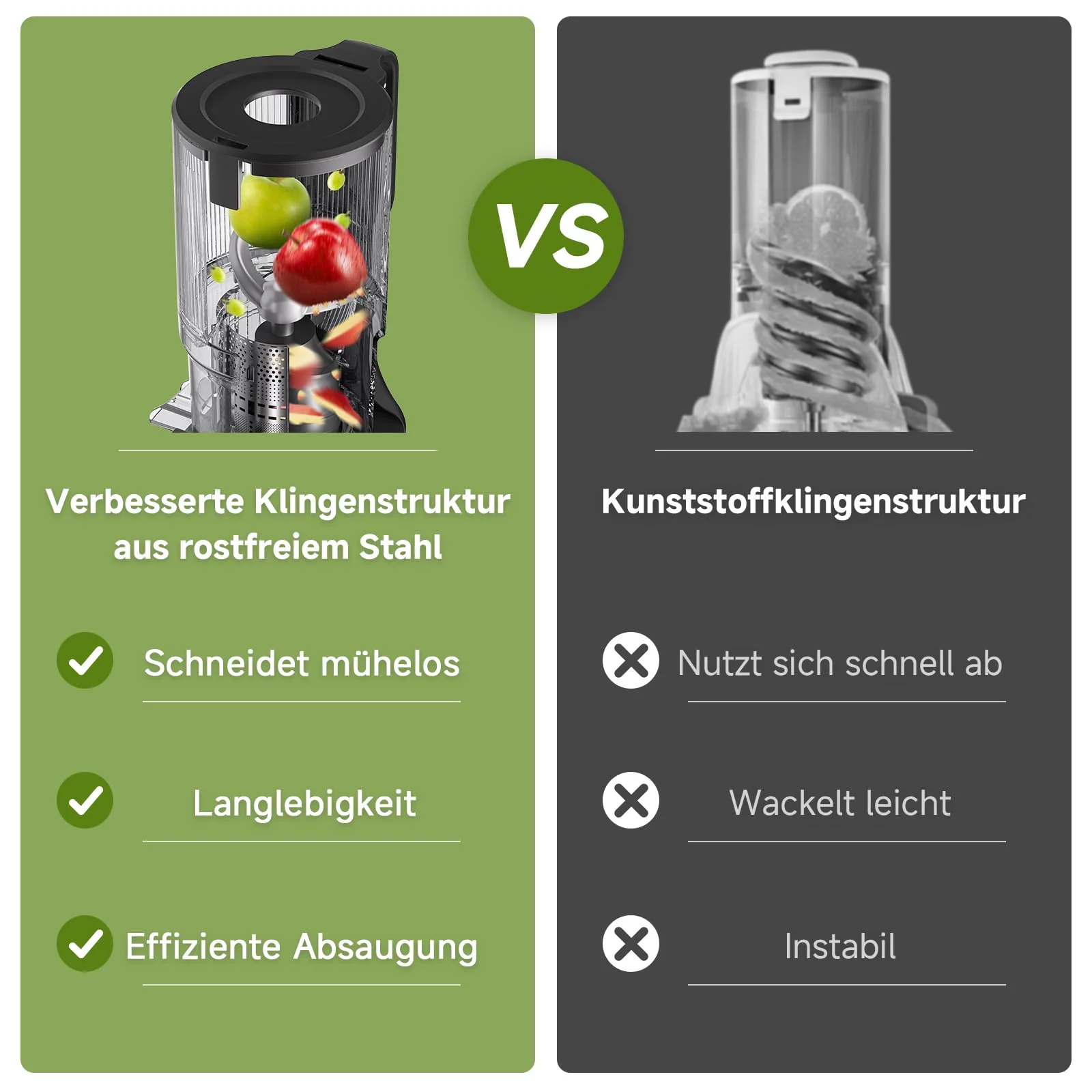 AMZCHEF Entsafter - Slow Juicer mit 135MM Breite und Größere Fütterungsröhre für Ganze Gemüse und Obst - Leicht zu Reinigender Entsafter mit 2 Gläsern - Silber - Image 3