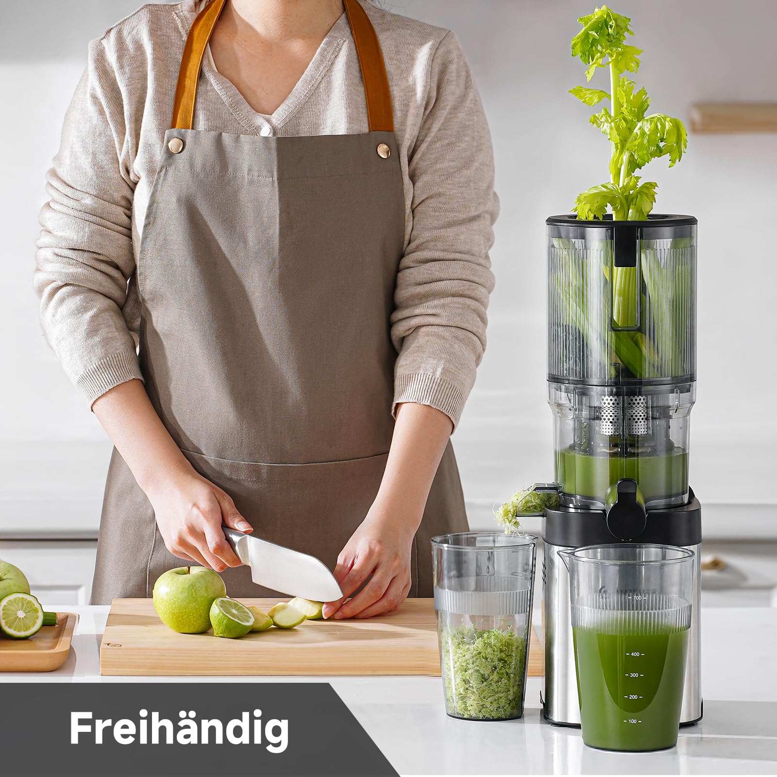 AMZCHEF Entsafter - Slow Juicer mit 135MM Breite und Größere Fütterungsröhre für Ganze Gemüse und Obst - Leicht zu Reinigender Entsafter mit 2 Gläsern - Silber - Image 6
