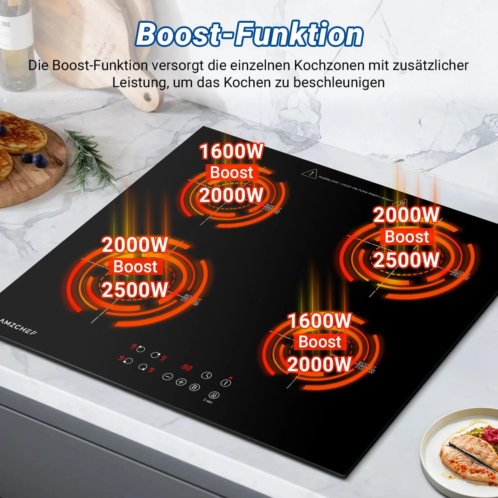 AMZCHEF Induktionskochfeld 60cm, 4 Platten Induktionskochfeld | Einbau Induktionskochplatte | Boost-Funktion | 9 Leistungsstufen | Sicherheitsschloss | Touch-Bedienung | Zeitschaltuhr | 7200W - Image 5