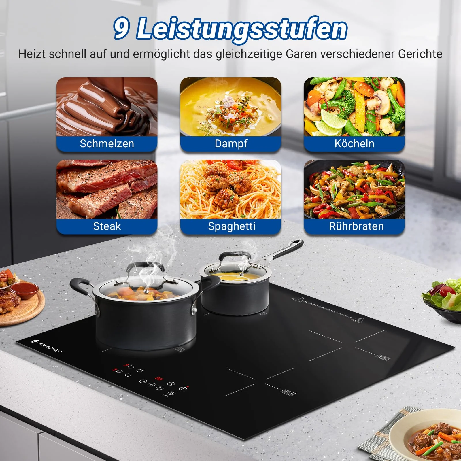 AMZCHEF Induktionskochfeld 60cm, 4 Platten Induktionskochfeld | Einbau Induktionskochplatte | Boost-Funktion | 9 Leistungsstufen | Sicherheitsschloss | Touch-Bedienung | Zeitschaltuhr | 7200W - Image 6