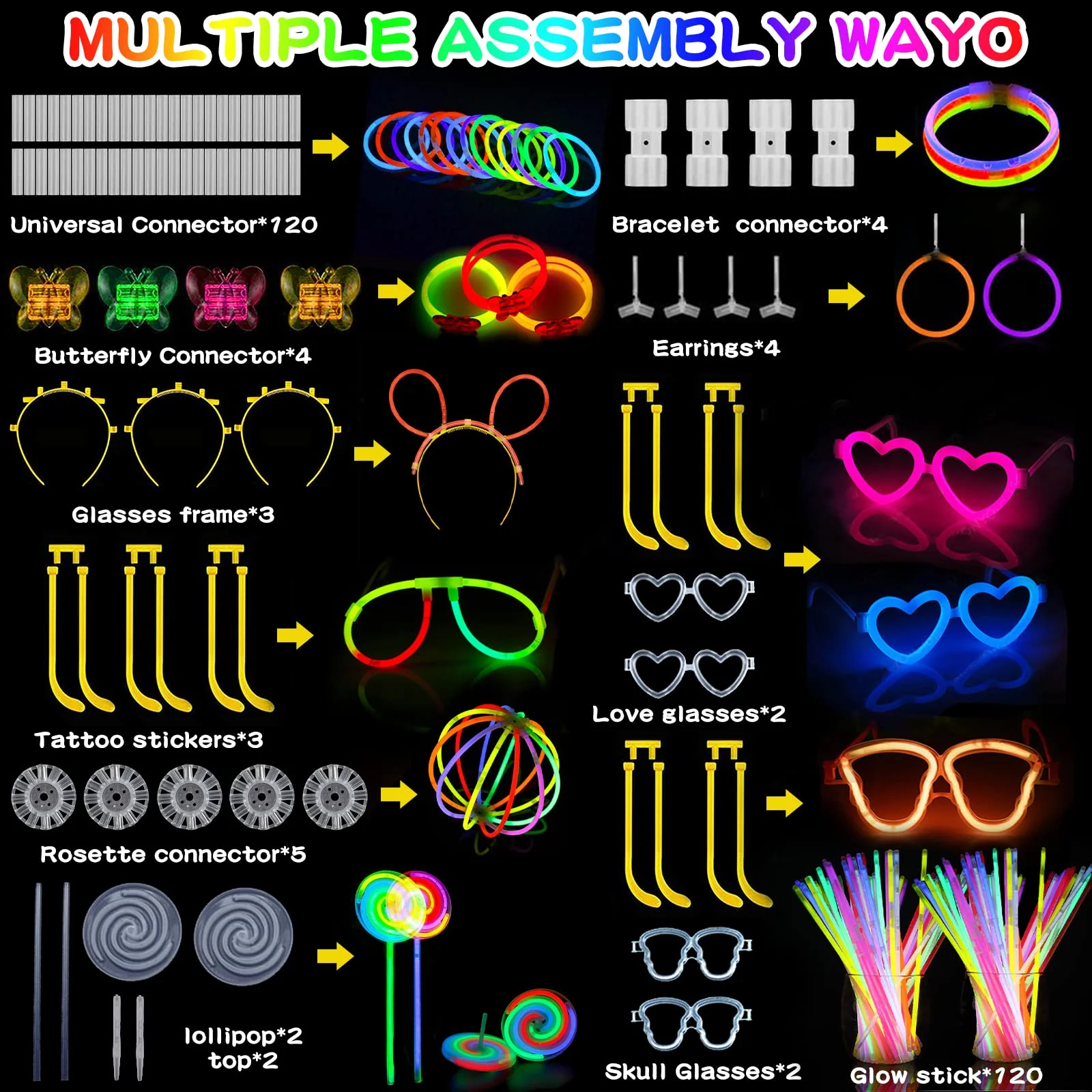 Amzeeniu 270 Stück Knicklichter Party Set Glow Sticks Leuchtstäbe Neon Party Leuchtarmbänder Knicklichter Hochzeit Leuchtspielzeug für Party deko,Festival schwarzlicht deko,Neuem Kreisel,Lutscher - Image 7