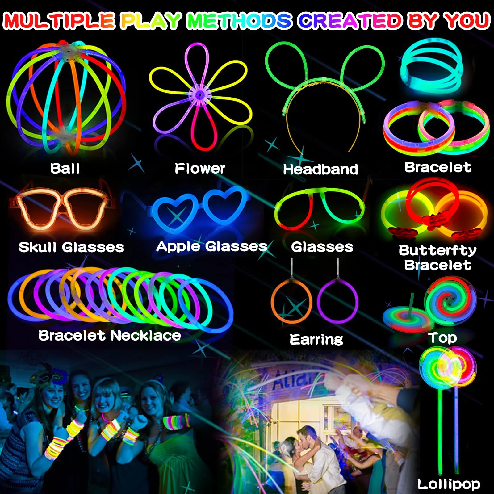 Amzeeniu 270 Stück Knicklichter Party Set Glow Sticks Leuchtstäbe Neon Party Leuchtarmbänder Knicklichter Hochzeit Leuchtspielzeug für Party deko,Festival schwarzlicht deko,Neuem Kreisel,Lutscher - Image 8