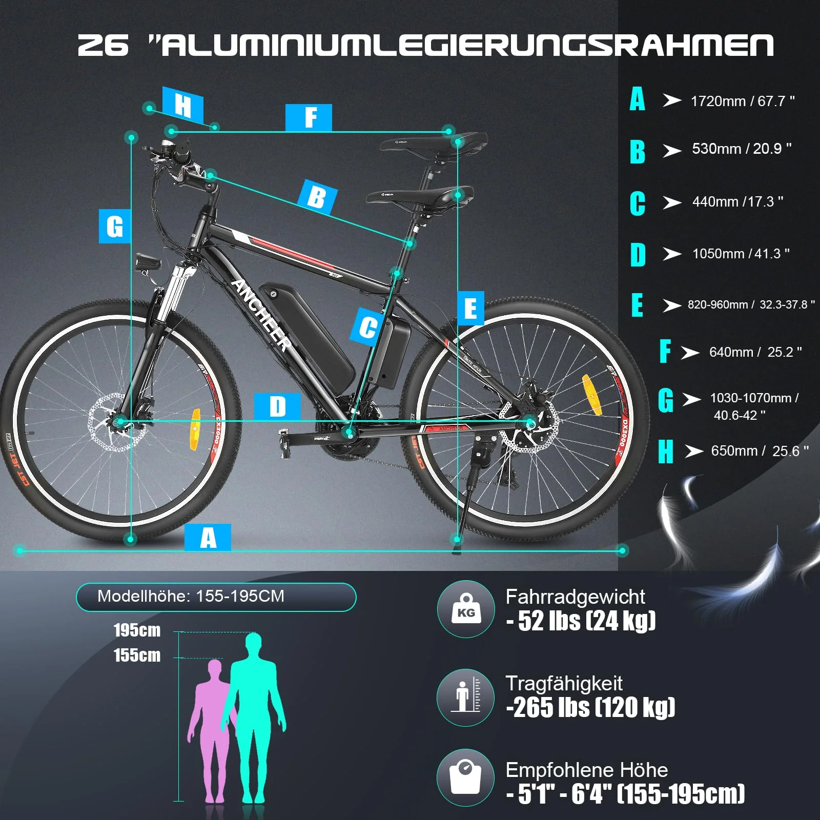 ANCHEER 26 Zoll E Bike, Elektrofahrräder für Damen und Herren, Electric Bike/Pedelec mit 36V 10.4Ah Batterie, 3 Modi, 250W Motor & 45NM, bis zu 100km - Image 6