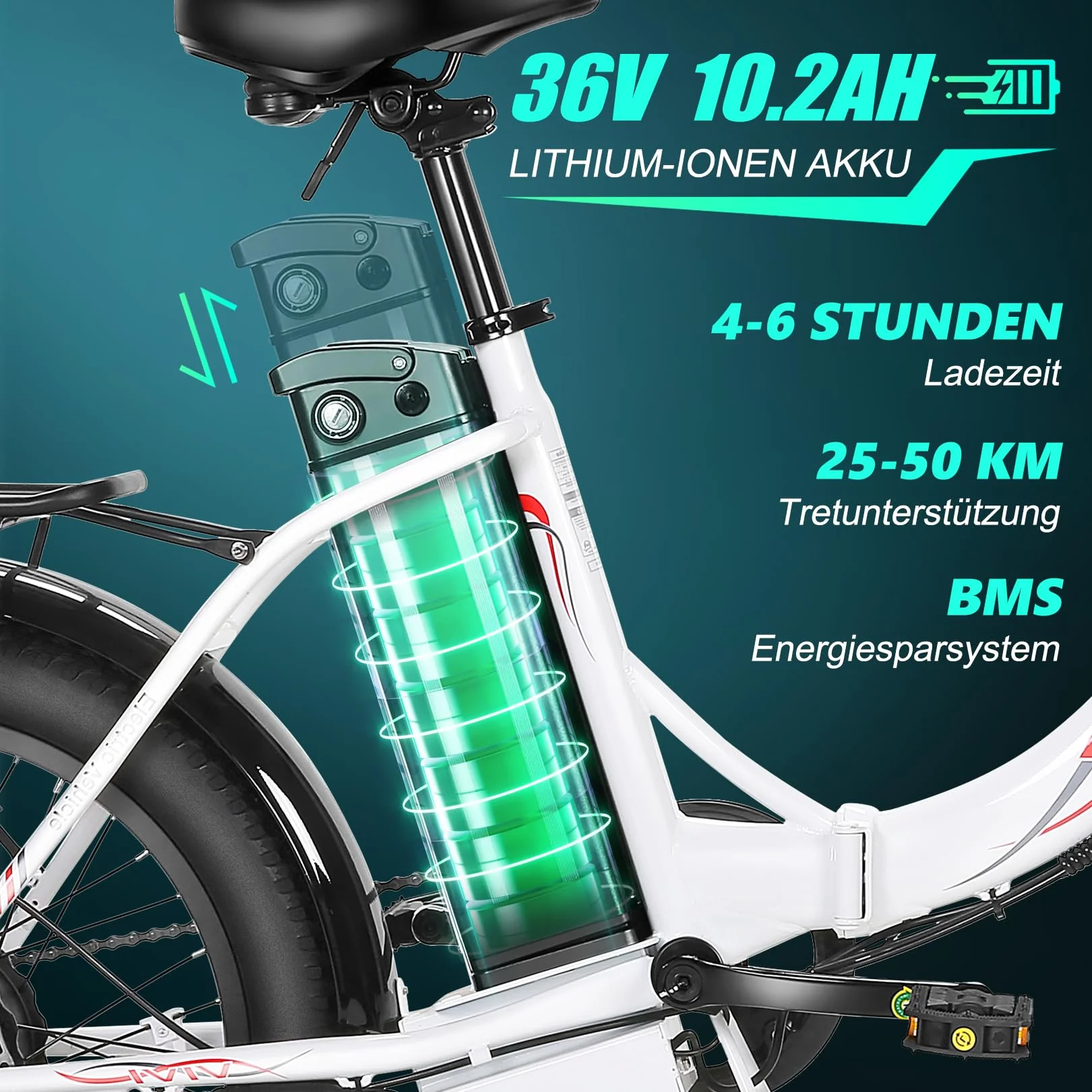 ANCHEER Klapprad E-Bike, 20"*3.0 Elektrofahrrad mit 36V 10.2Ah Lithium-Akku für Lange Reichweite bis 100KM, 250W Motor, 7 Gang für Herren Damen - Image 6