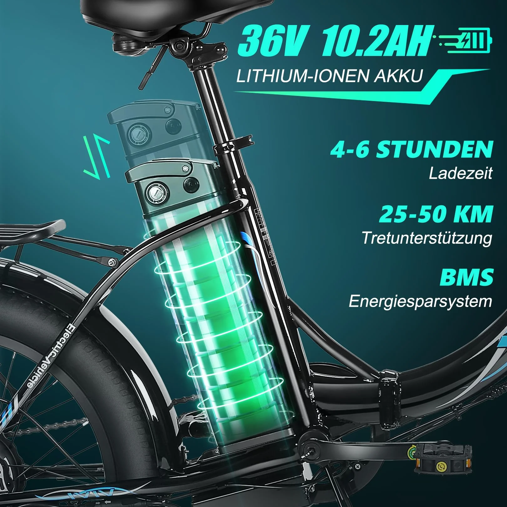ANCHEER Klapprad E-Bike, 20"*3.0 Elektrofahrrad mit 36V 10.2Ah Lithium-Akku für Lange Reichweite bis 100KM, 250W Motor, 7 Gang für Herren Damen - Image 6